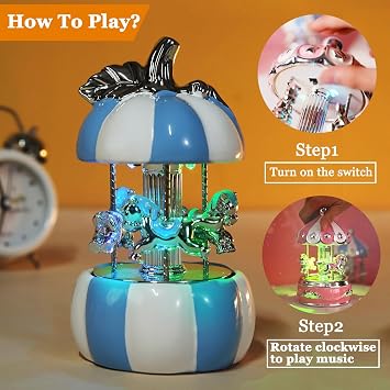 Carousel Music Box Gift Wrapped Ceramic Musical Carousel Color-Changing Lights Music Boxes for Girls Boys Kids Daughter Son Granddaughter Wife Mom Women Birthday Christmas (Blue Pumpkin)