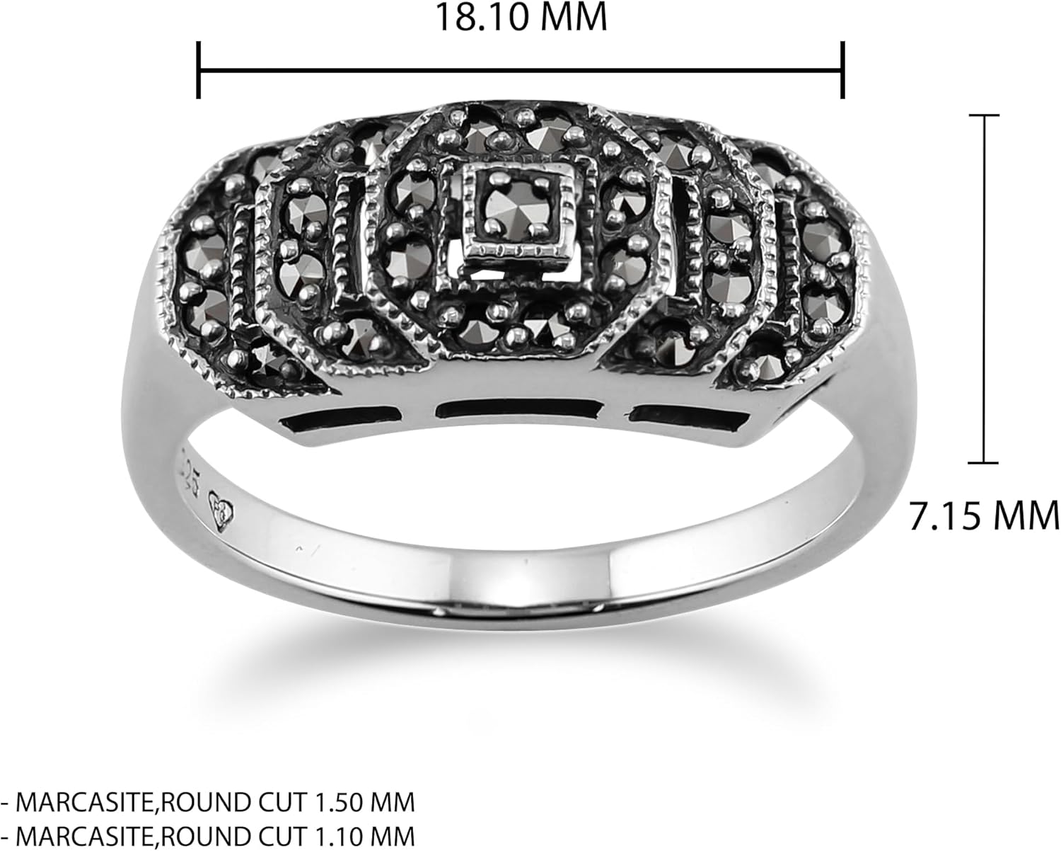 925 Sterling Silver Marcasite Art Deco Style Ring