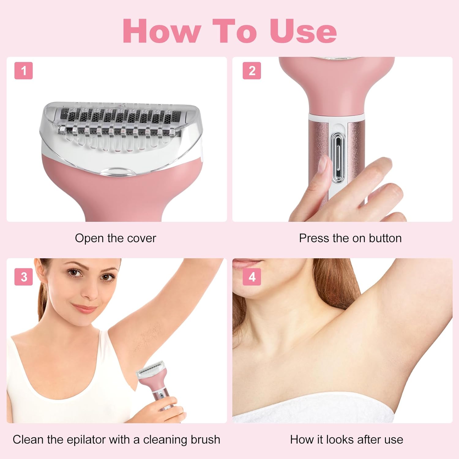 4 in 1 Rechargeable Women Face Epilator, Electric Bikini Epilator for Women, Hair Removal for Face, Armpits, Arms, Legs Hair Removal, Removable and Washable Heads