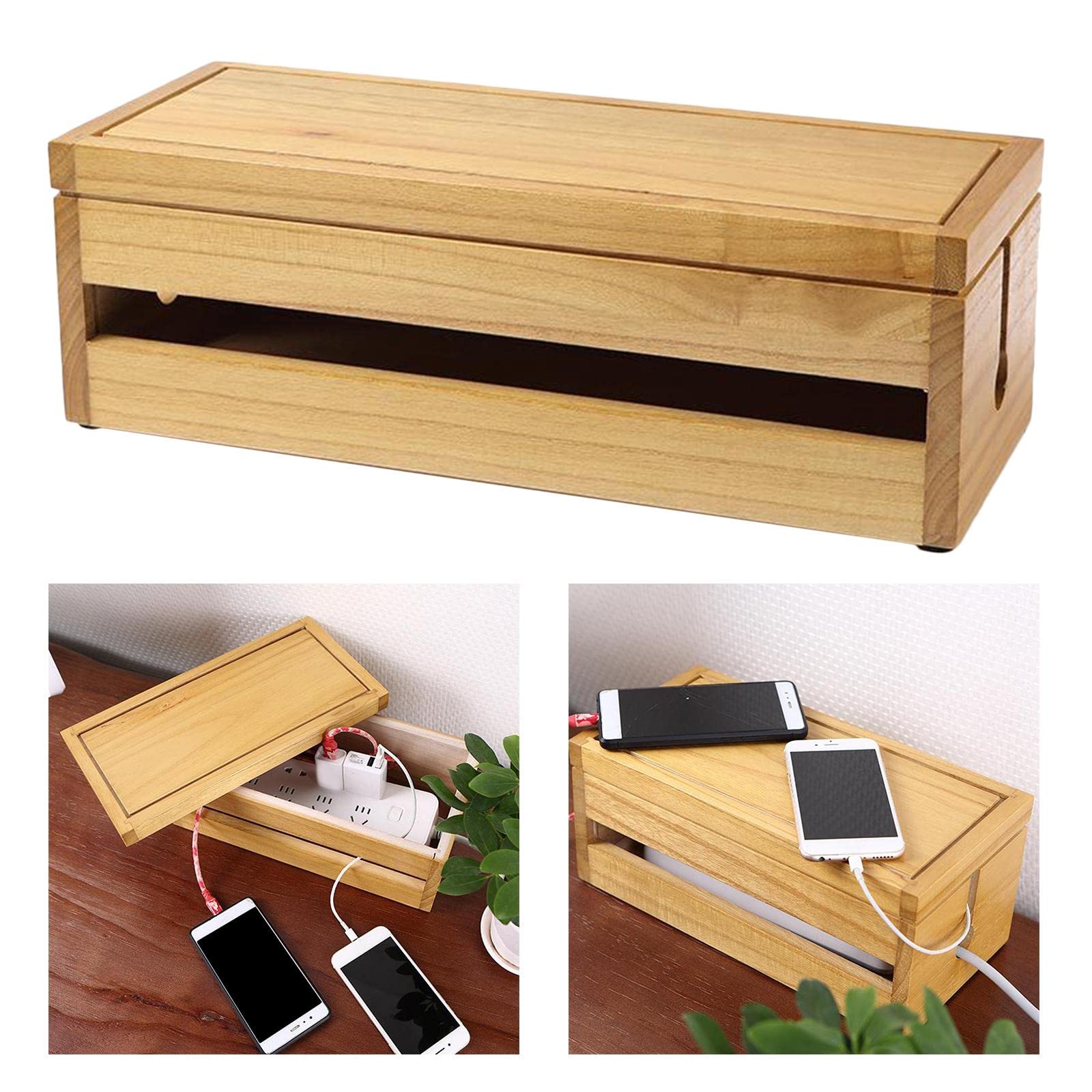 Fenteer Kabel Management Box Organizer für Schnüre, Groß Holz Kabelbox Bambus, um Ladegeräte & Steckdosenleisten sowie Kabel verstauen Kabelmanagement, 37,7x14,3x12,3 cm