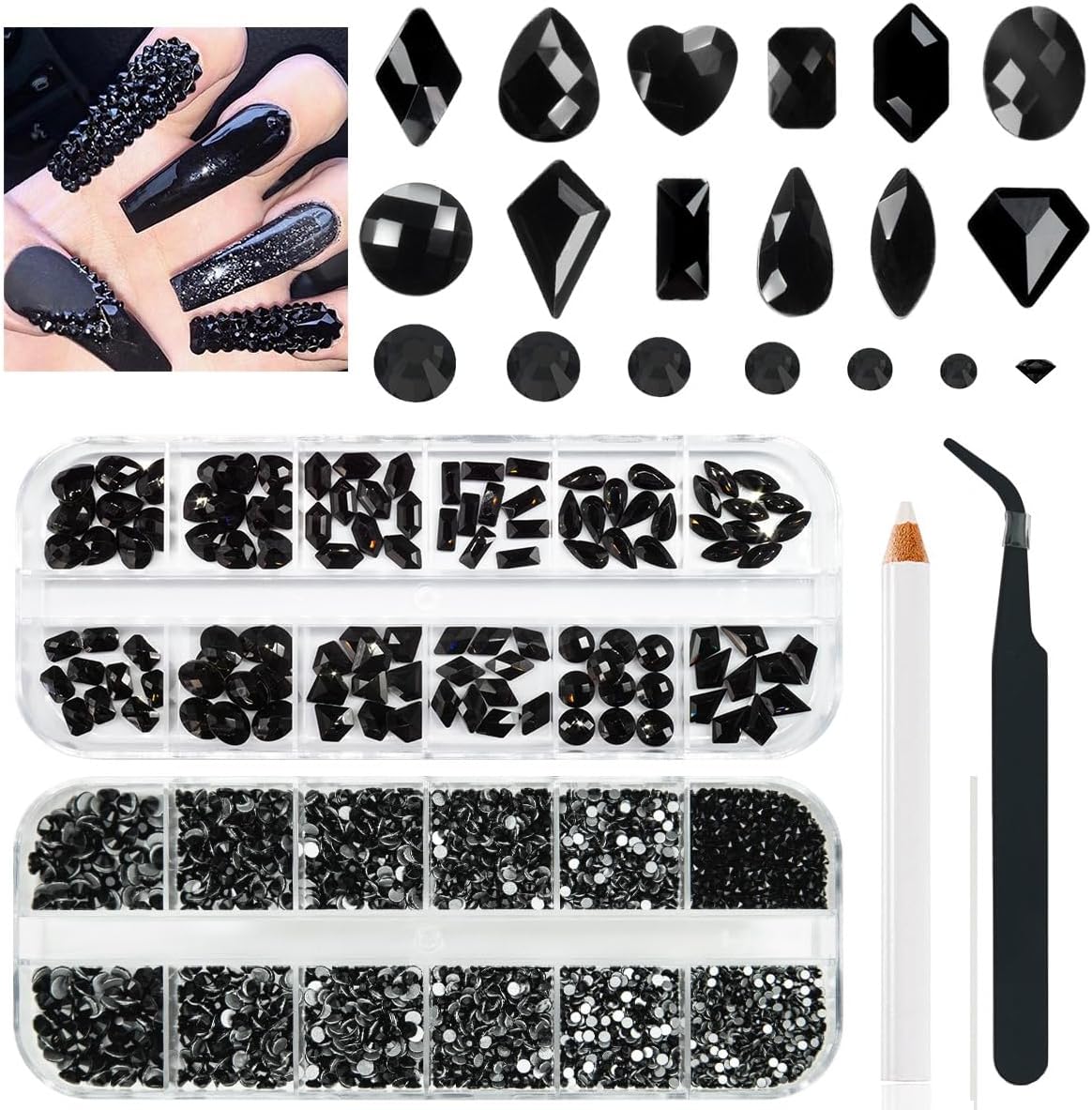 Black Nail Rhinestones Crystal Flatback Jet Black Rhinestones Round Beads Glass Gems Stones Nail Art Gems Diamonds jewels Multi Shapes Sizes Nail Charms for Nail DIY Eyes Makeup Crafts Clothes