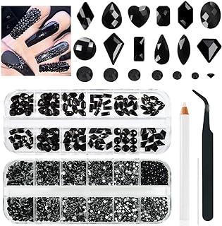 4080Pcs Black Nail Rhinestones Crystal Flatback Jet Black Rhinestones Round Beads Glass Gems Stones Nail Art Gems Diamonds jewels Multi Shapes Sizes Nail Charms for Nails Eyes Makeup DIY Crafts