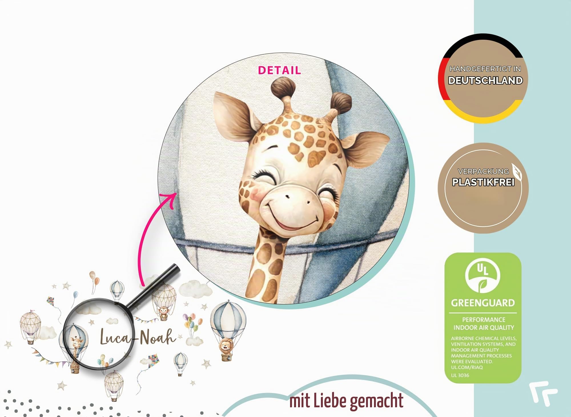 Little Deco Wandsticker Kinderzimmer Tiere Heißluftballon personalisiert Wandtattoo AFFE Löwe Wandaufkleber mit Name Babyzimmer Deko DL5094-05
