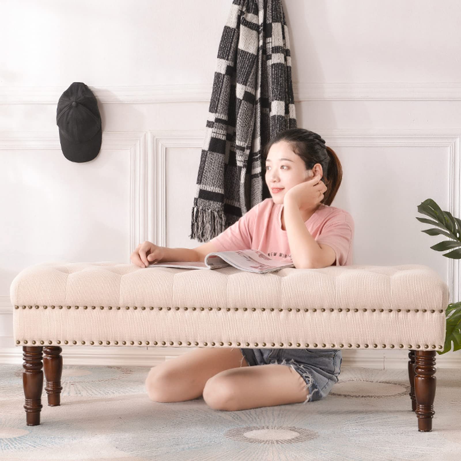 Desconocido Sofá de Banco de Entrada Americano, Banco otomano tapizado de Lino con Patas de Madera, Lujoso Banco de Extremo de Cama Premium, Taburete de pie de Acento(90x40x45cm(35x16x18), Beige)