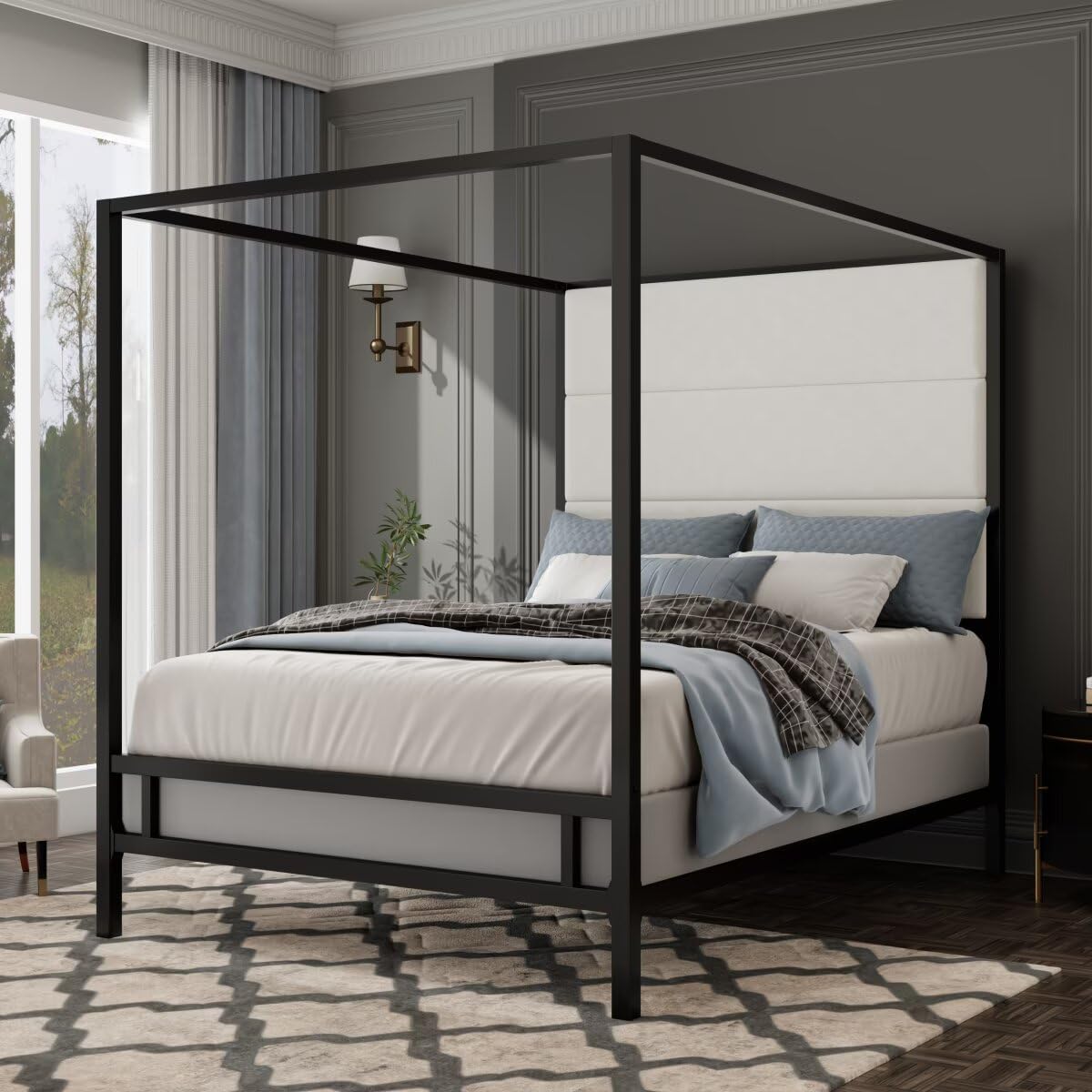 King Size Canopy Bed Frame, Black Canopy Beds with Tall Velvet Fabric Upholstered Headboard, Metal 4-Poster Bed Frame, Box Spring Needed (King,Black)