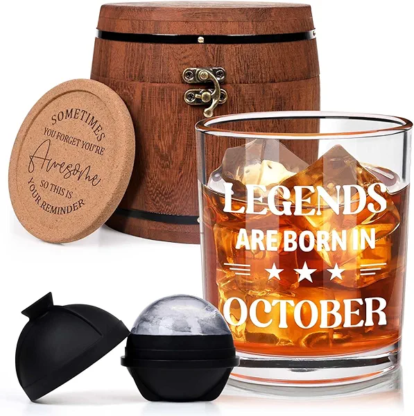 Futtumy Legends Are Born In October, 10 Oz Whiskey Glass with Wooden Barrel, Birthday Gifts for Men, October Mens Birthday Gifts, 40th 50th 60th Mens Birthday Gift Ideas for Dad Grandpa Husband Son