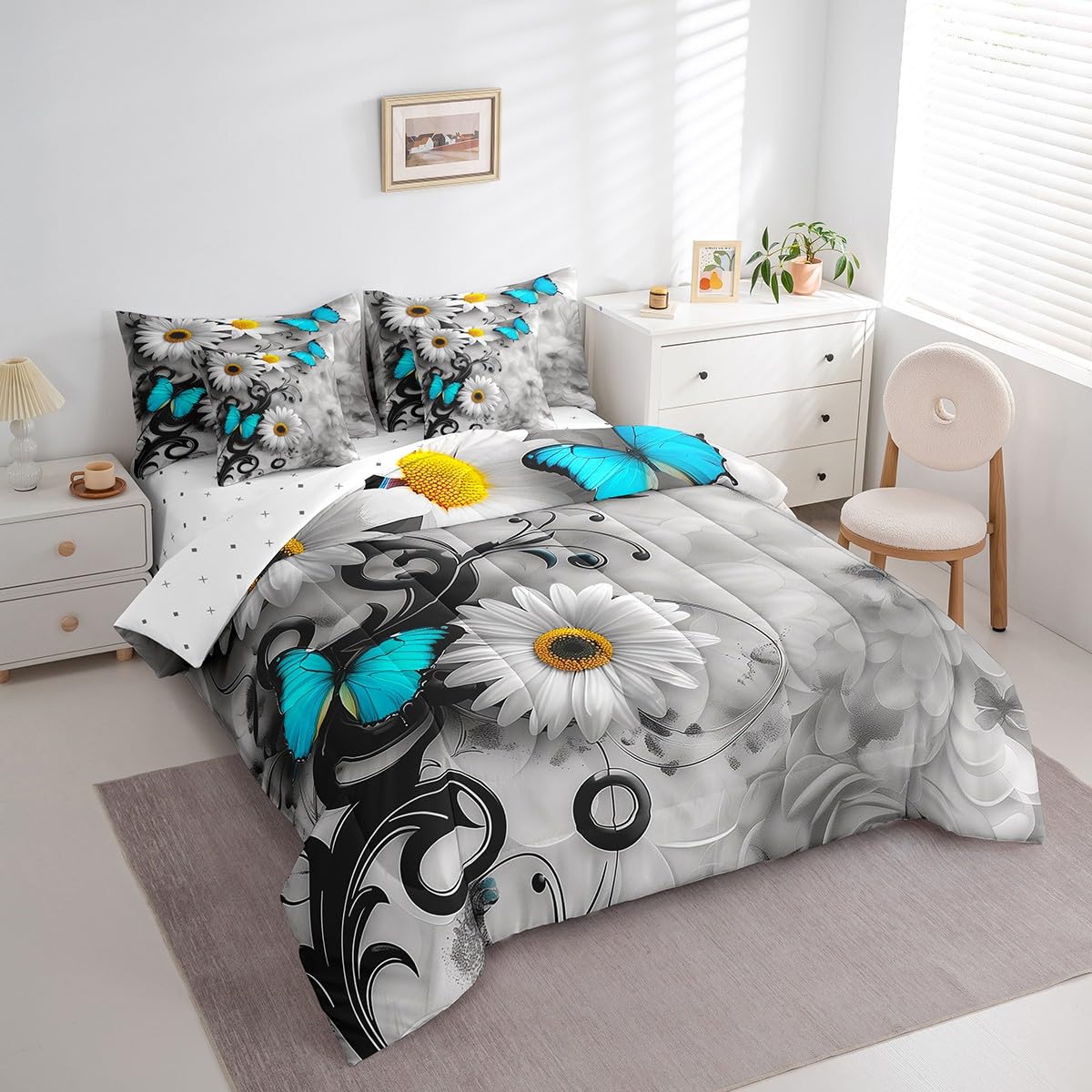 7 Piece Blue Butterfly Girls Bed in a Bag King, White Daisy Sheet Set for Women Boys Teens Flying Butterflies Rustic Garden Theme Bedding with Comforter, Modern Rural Simple Style Cushion Covers 1