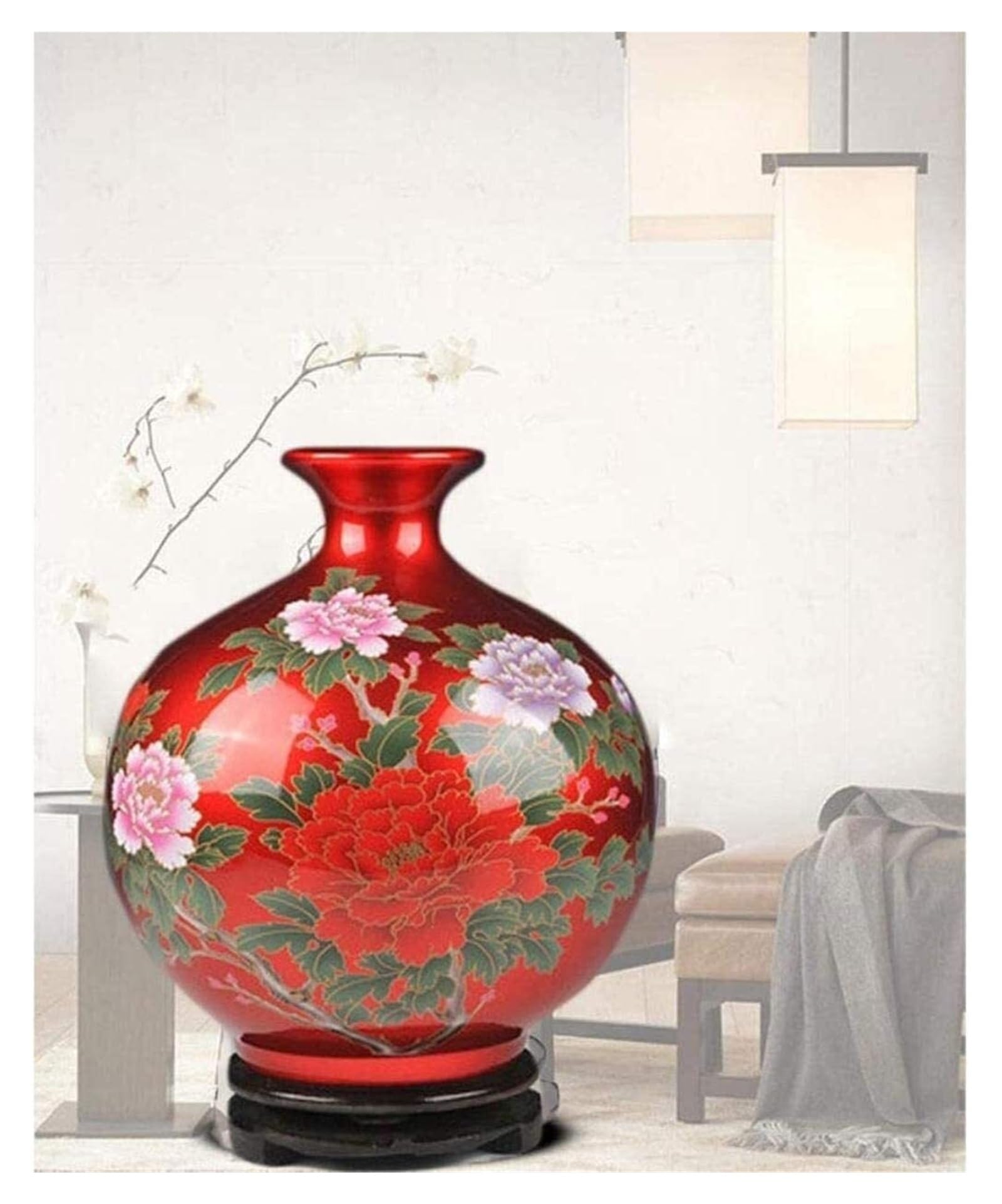 Vasen Vase aus Keramik, handgefertigt, mit Pfingstrosenmuster auf der Basis, kann im Arbeitszimmer, Hotel, Dekoration for Blumen platziert Werden (rot, 27 x 24 cm)