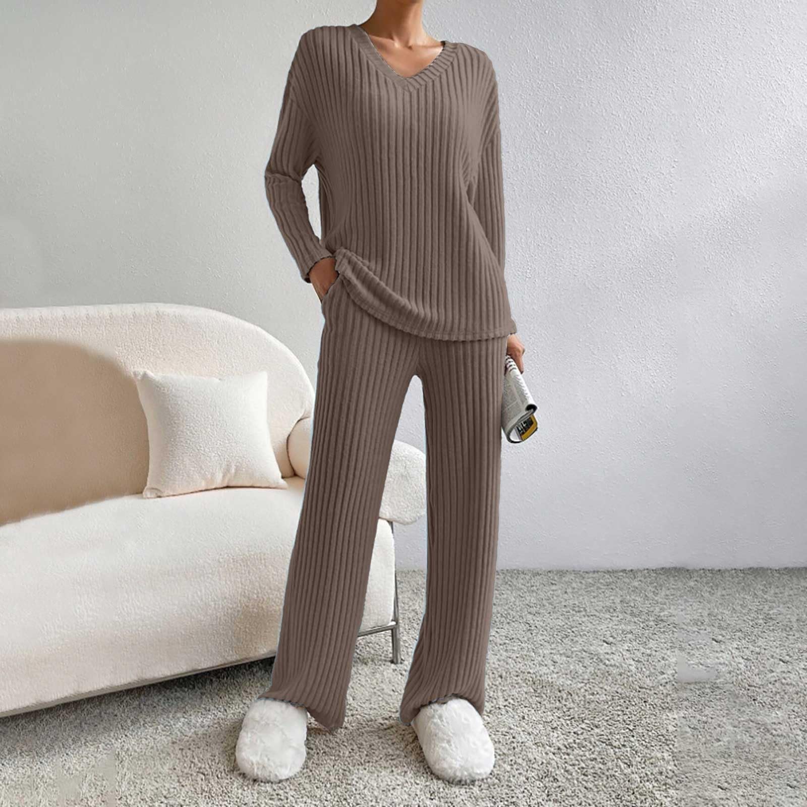 Set da 2 pezzi, da donna, invernale, lavorato a maglia, elegante | Tuta da casa con scollo a V, a maniche lunghe, a costine, morbida, per il tempo libero, biancheria da notte