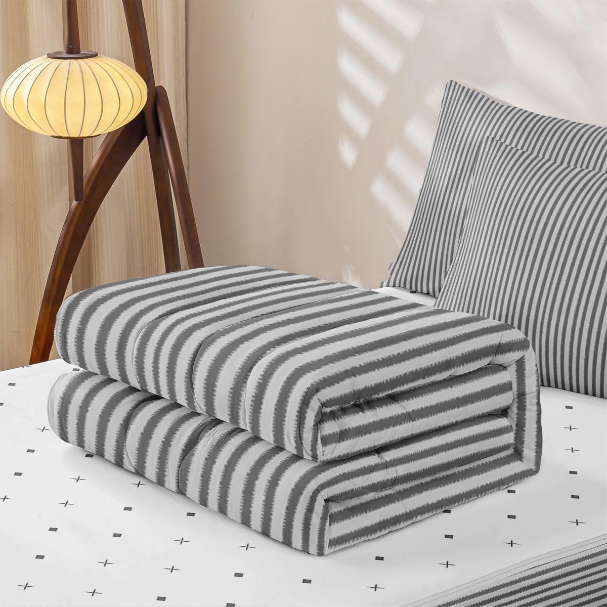 Erosebridal Striped Lines Grey Zippered Bedding Set Queen Modern Simple Style Comforter Set with Sheets Pinstripe Bed in a Bag Stripe Abstract Bedroom Decor