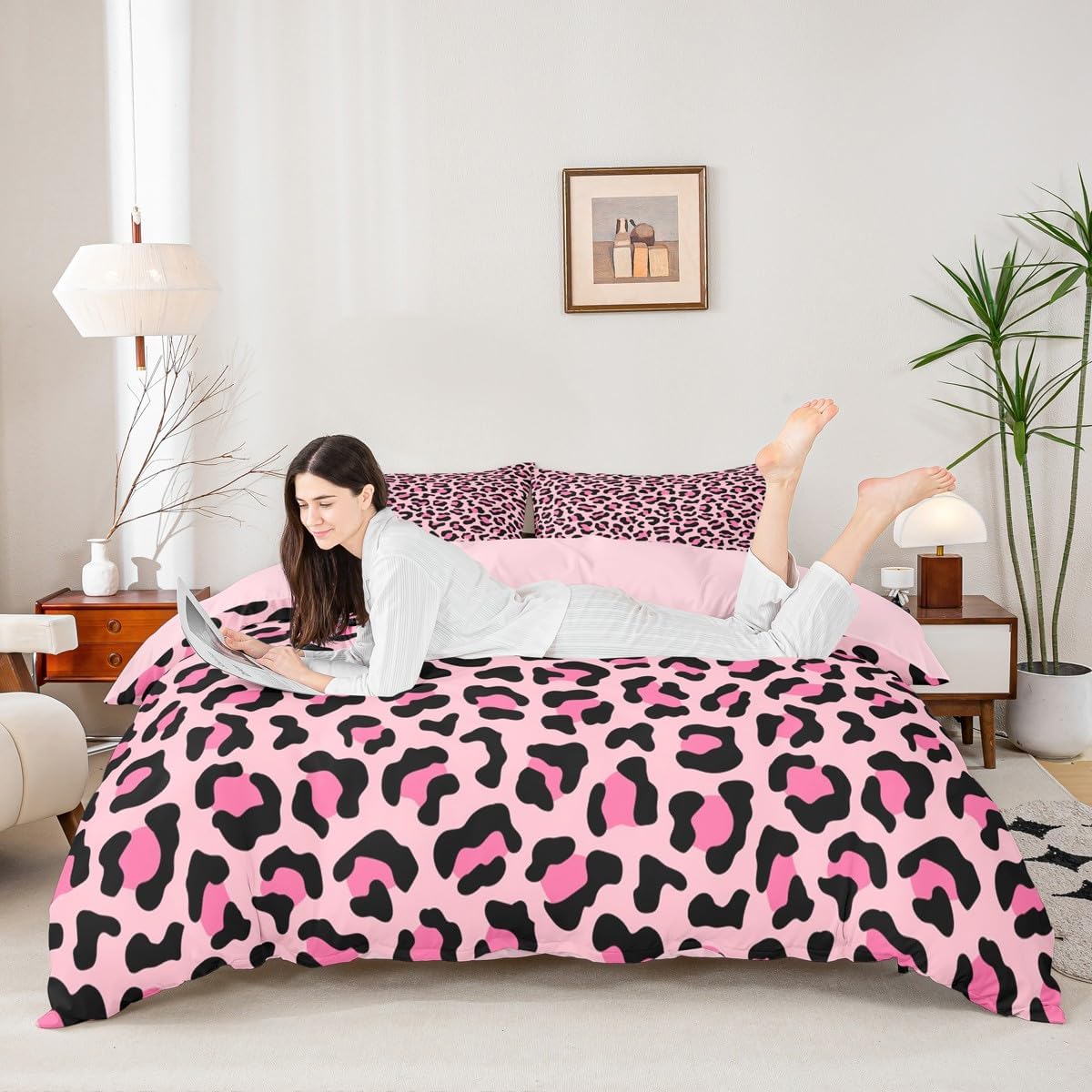 Pink Leopard Print Duvet Cover Wild Animal Skin Luxury Bedding Set African Cheetah Wildlife Fur Comforter Cover(No Filler) for Boys Girls Kids Room Decor Bedding Set Twin Size with 1 Pillowcase