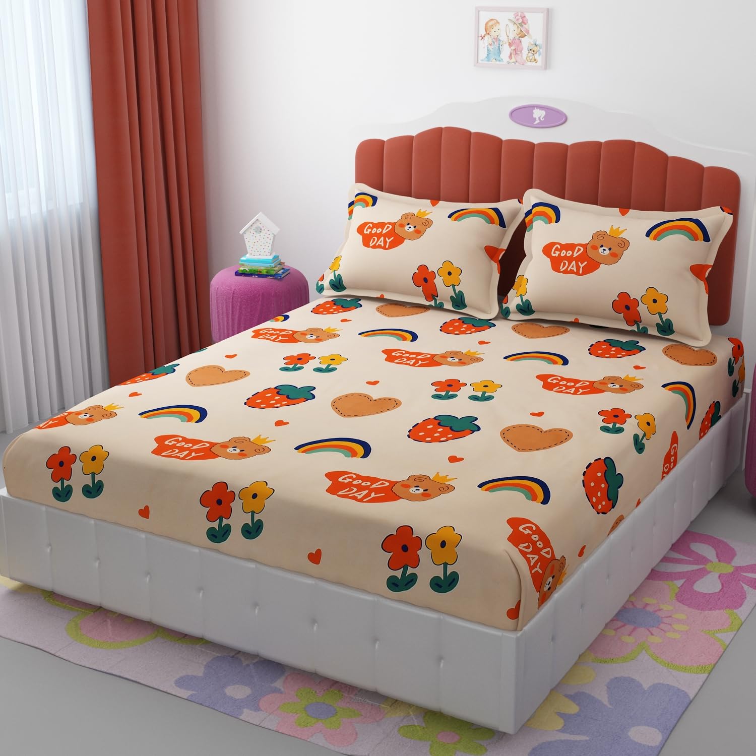 See full amazon price history chart for Reyansh Decor Polycotton Elastic Fitted Cartoon Printed King Size Double Bed Bedsheet with 2 Pillow Cover for Kids Room Coverm Fits Upto 8 inches Mattress,Size- 72x78x8 Inches, Orange Reyansh Decor Polycotton Elastic Fitted Cartoon Printed King Size Double Bed Bedsheet with 2 Pillow Cover for Kids Room Coverm Fits Upto 8 inches Mattress,Size- 72x78x8 Inches, Orange (B0DGXBQZV6) Amazon Price History, Amazon Price Tracker