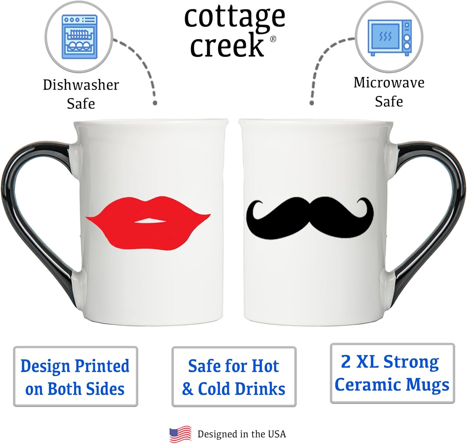 Cottage Creek Mugs | Mug Set of 2 16oz. Ceramic Coffee Cups | Mr. and Mrs. Coffee Mugs for Men and Women | Couples Engagement, Bridal Shower, Wedding & Valentine's Day Gifts