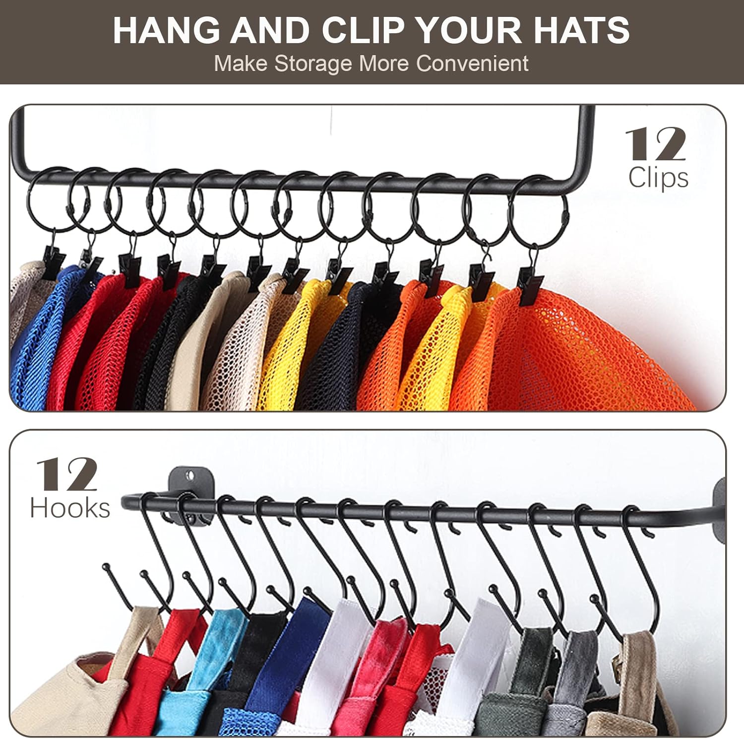HYDERMUS Hat Rack for Wall with Shelf for 24 Baseball Caps Metal Hat Organizer with 12 Clips and 12 Hook Hat Holder Wall Mounted for Baseball Caps Trucker Hat and Others Hat Weathered Walnut : Home & Kitchen