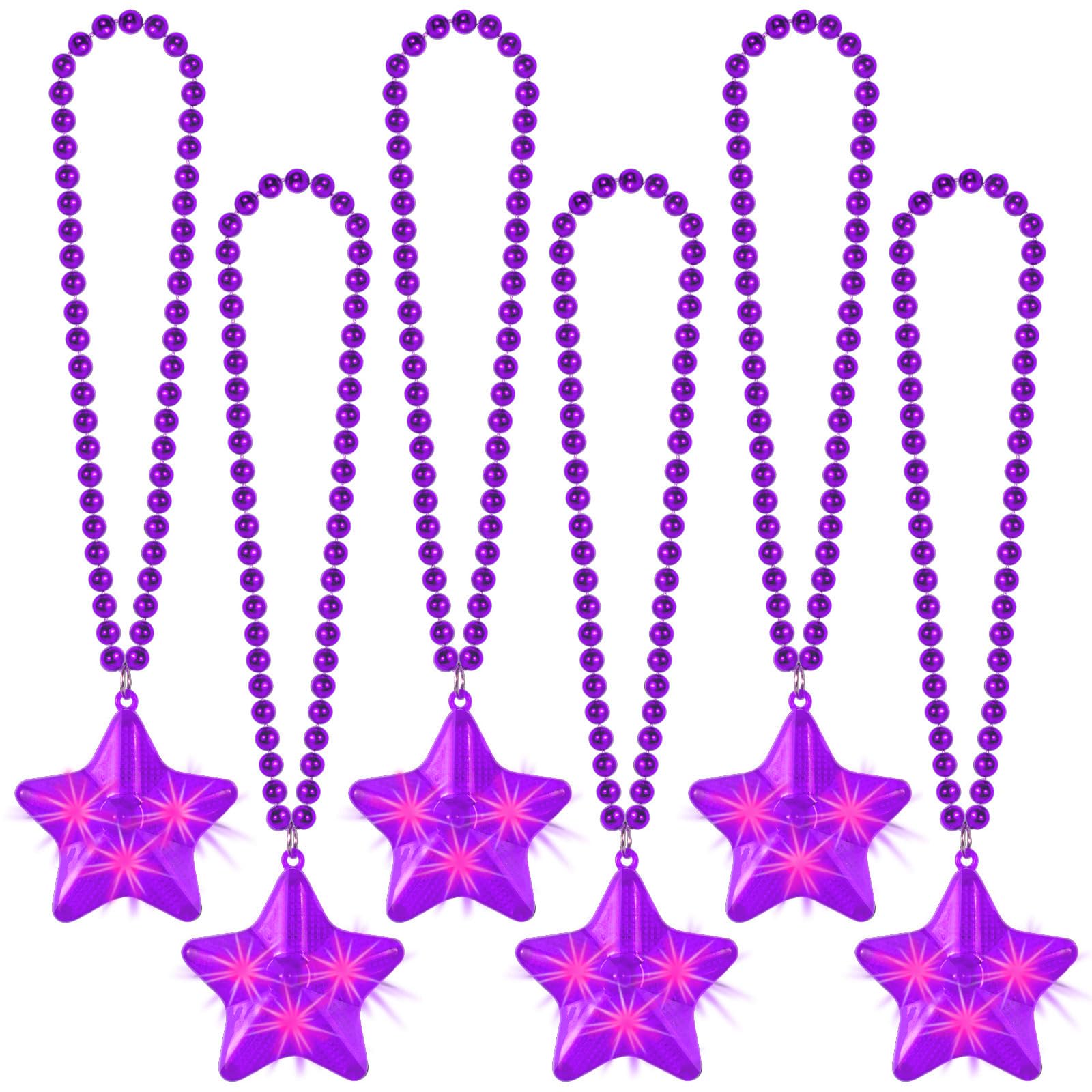 NUDALA 6 Pack Purple LED Glow Star Necklace Bulk Beaded Necklaces for Halloween Christmas Decorations Mardi Gras Party Favors