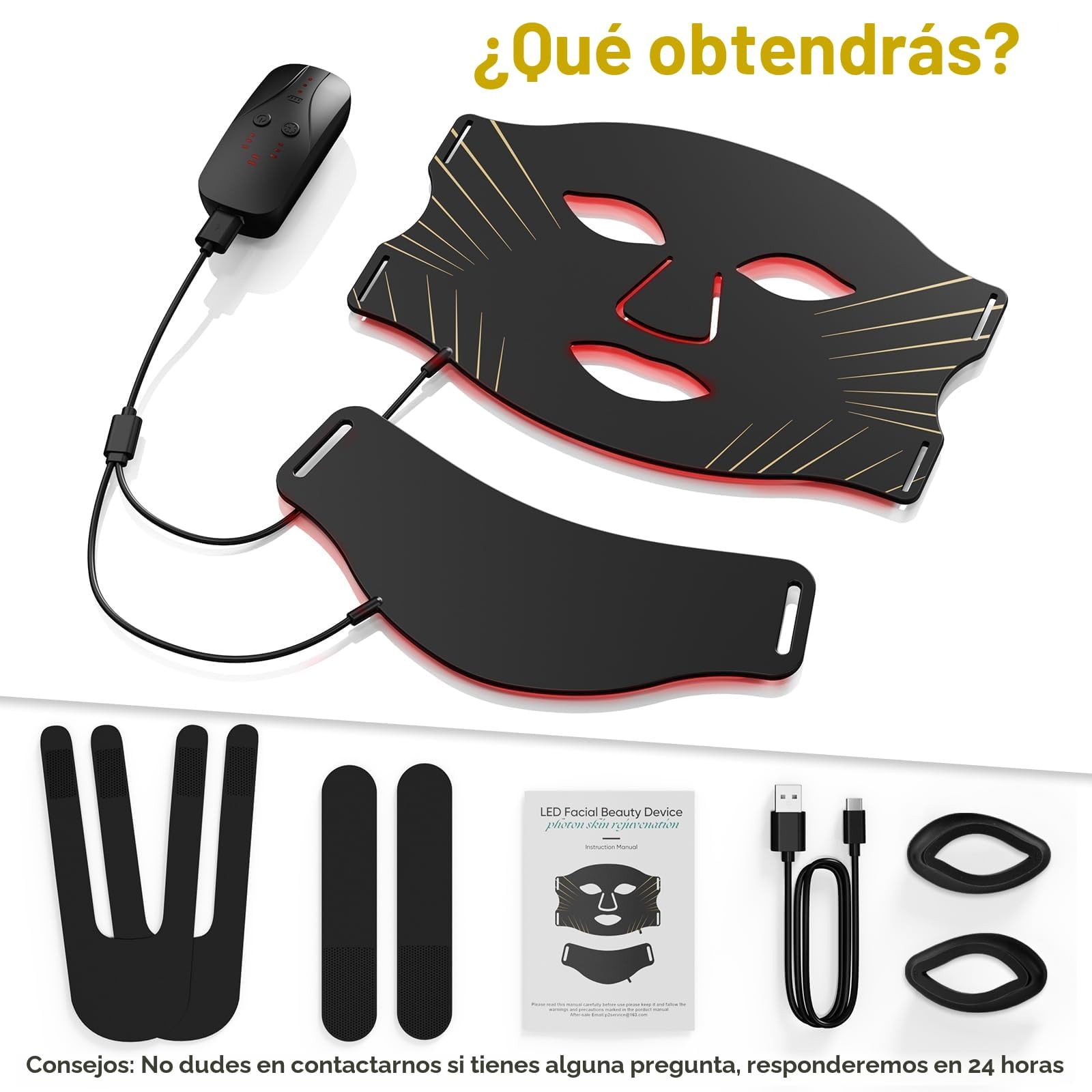 Máscara LED para cara y cuello, 7 colores, 5 niveles de brillo