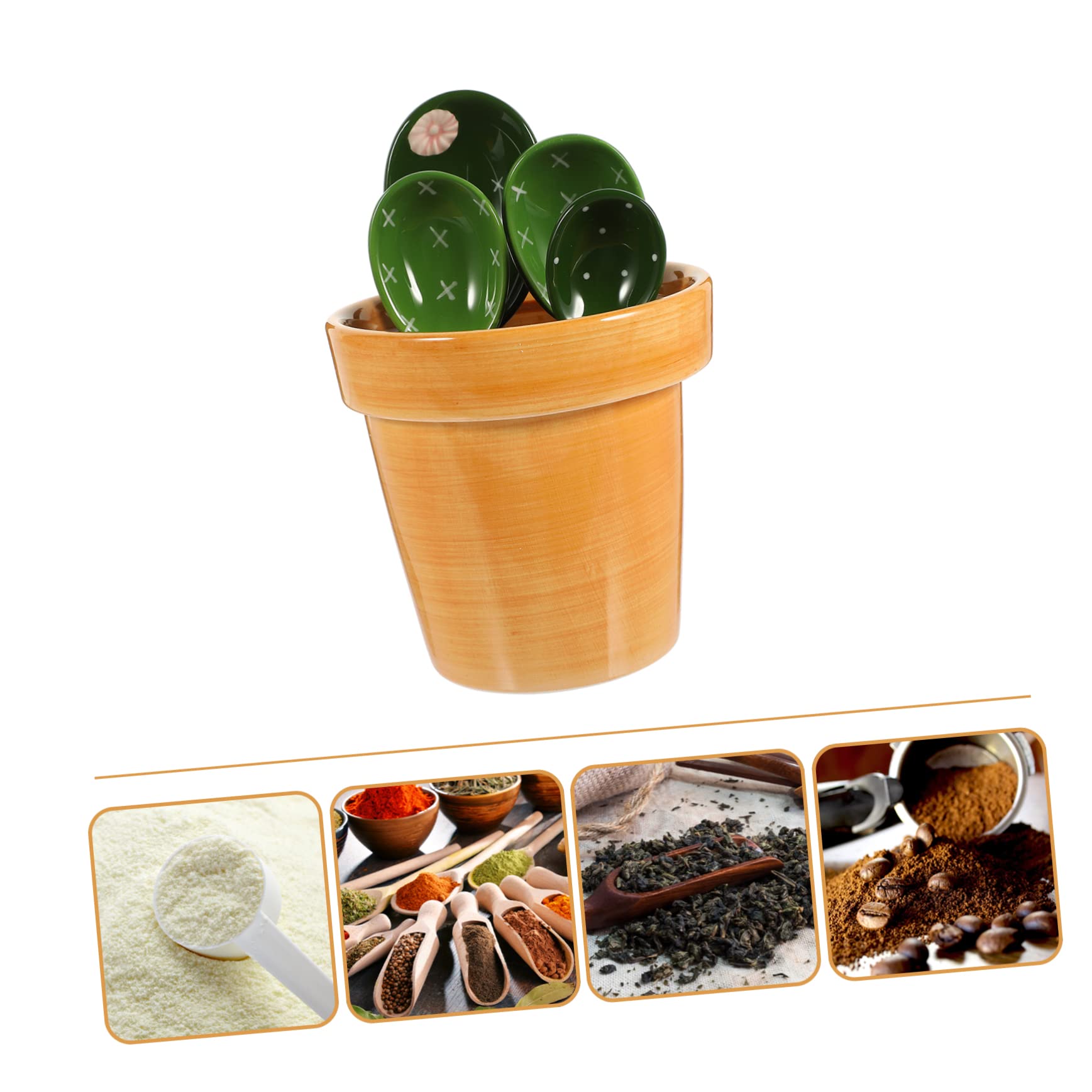 Healifty Cucharas Medidoras de Cocina Cactus Cerámica 5 Piezas Base Soporte Ergonómicas para Medir Azúcar Sal Leche en Polvo Utensilios para Hornear y Cocinar