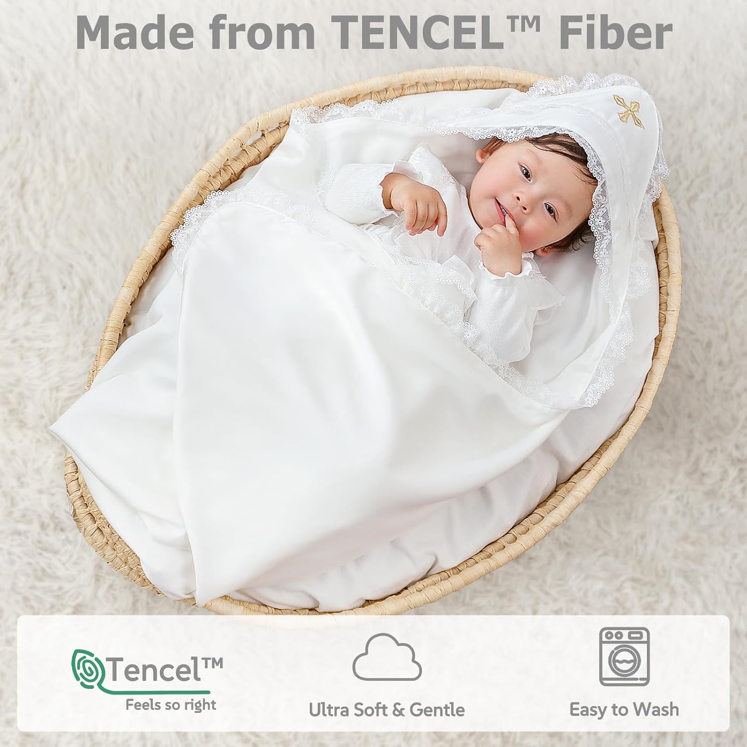 Tencel Baptism & Christening Baby Blanket – Soft Lyocell Heirloom Blanket with Delicate Lace Trim and Gold Cross Embroidery, 39.4×39.4 in, Elegant Religious Keepsake for Boys & Girls