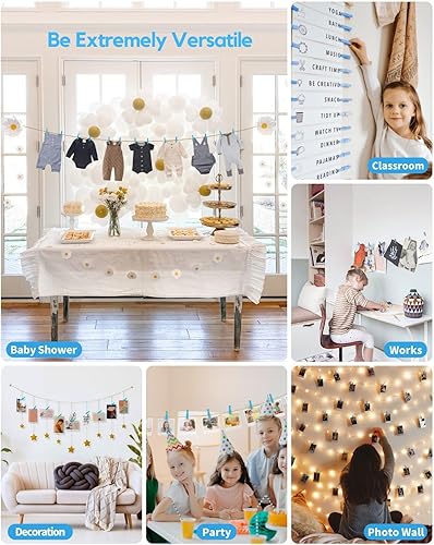 Miniatura 3 de Pinzas para ropa de color azul, 100 clips de fotos de papel de madera, pequeñas pinzas para fotos con cordel de yute, ideales para baby shower,