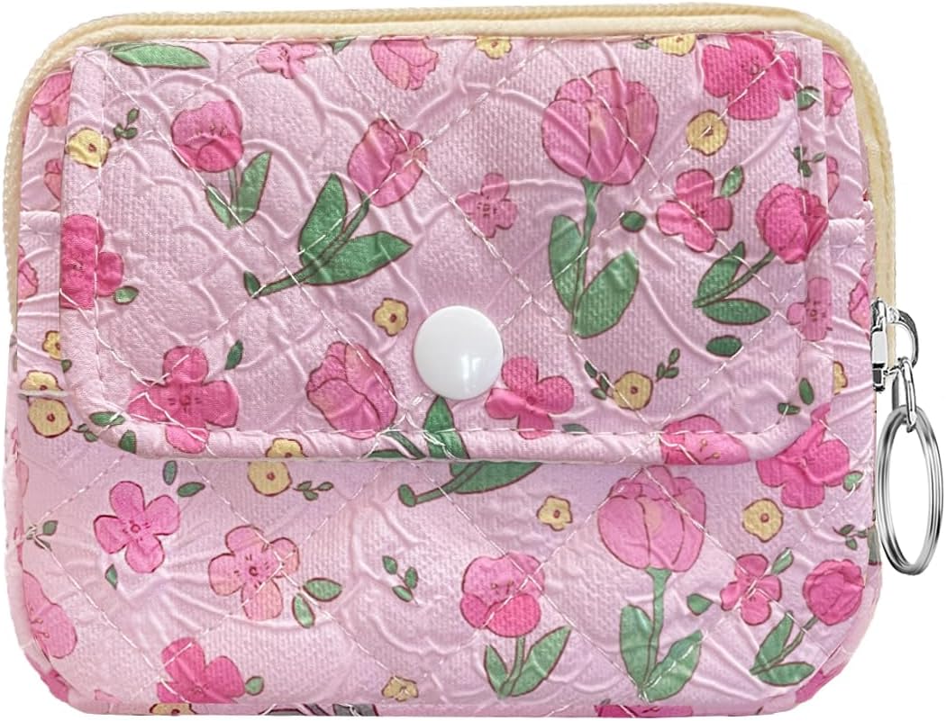 Cotton Quilted Floral Coin Pouch with Cute Prints Zipper for Women Girls (PINK TULIP)