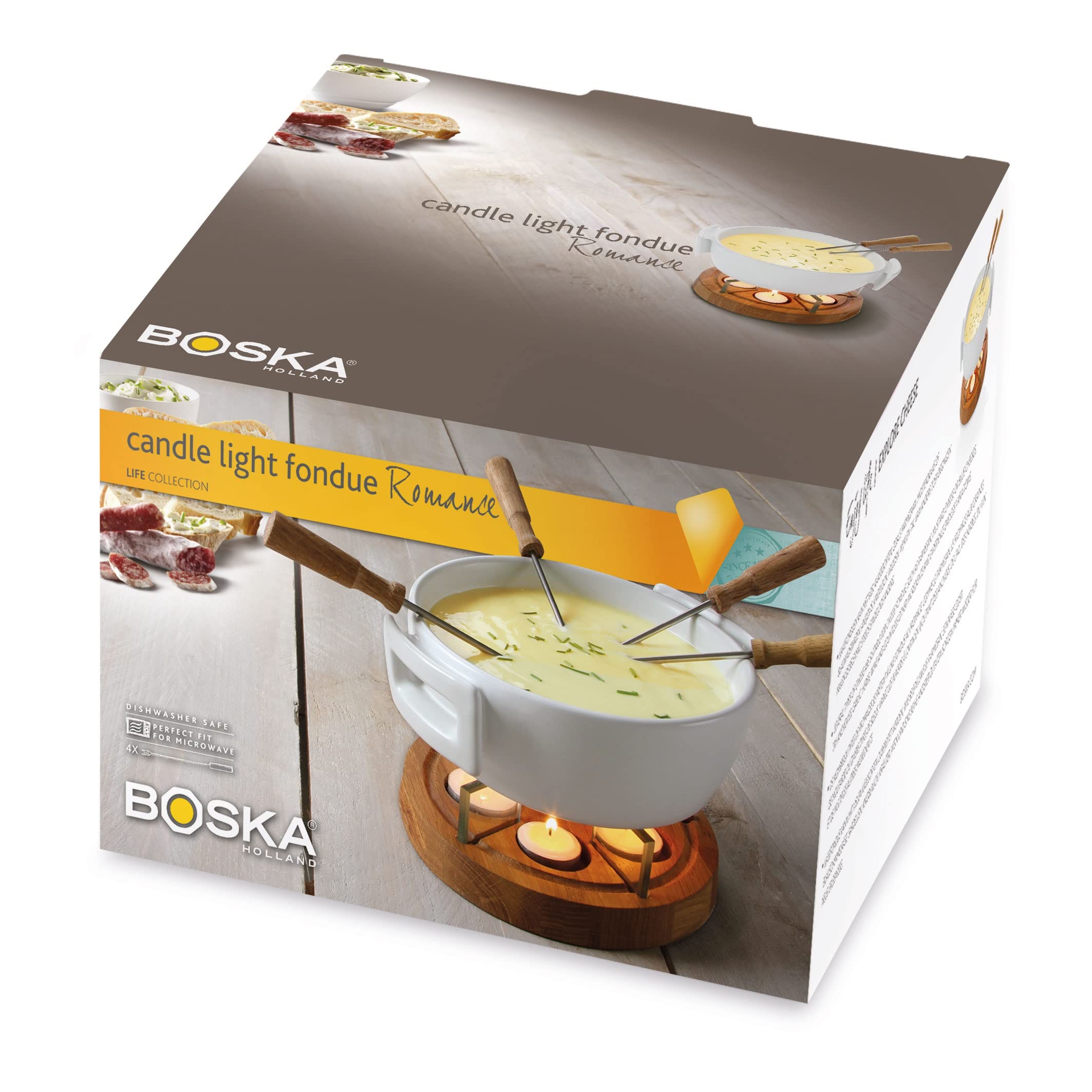 Boska Fondueset Twinkle - 4 Personen - Fondue Käse Teelichter mit Stil - 1,6 L Inhalt für 1,2 L Geschmolzenen Käse [ink. Fonduegabeln][Awardwinner von Keramik für Gasherd, Mikrowelle & Ofen] | Edelstahl/Holz / 230 x 195 x 75 mm
