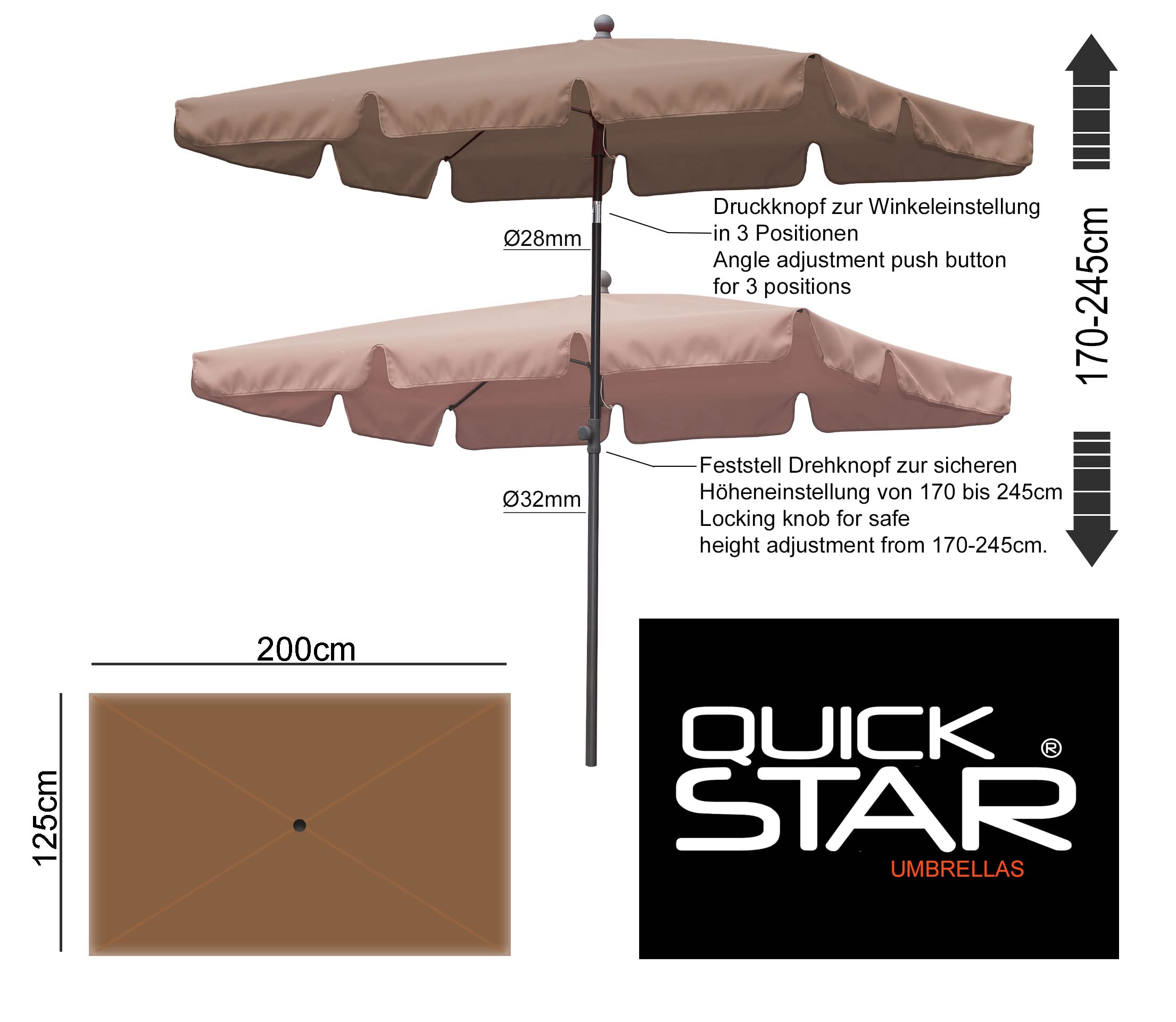 QUICK STAR Parasol balkonowy 200 x 125 cm, prostokątny, składany, kolor taupe, parasol ogrodowy, UV 50, z pokrowcem ochronnym