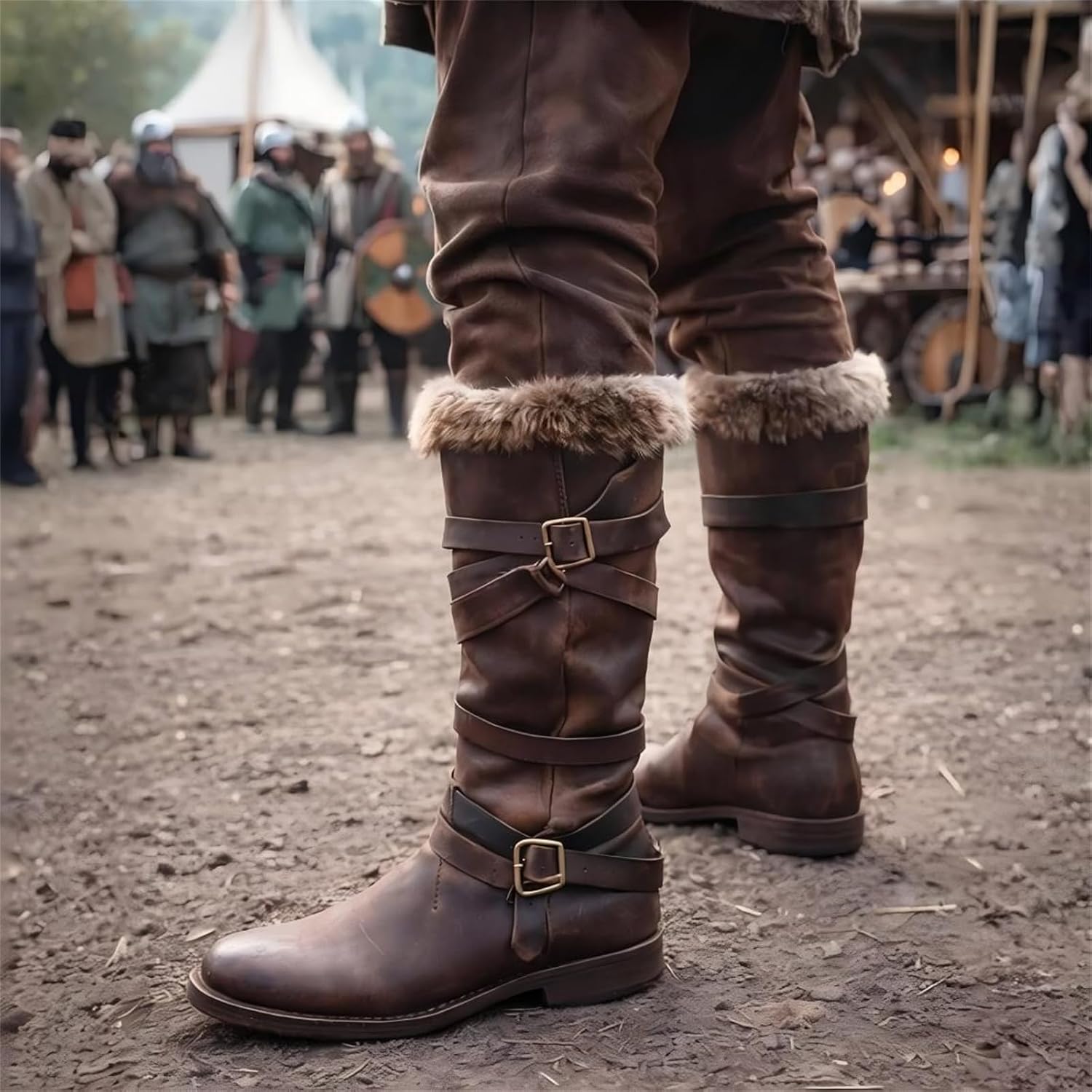 Men's Renaissance Viking-Style Boots with Faux Leather Fur Border Cuffs