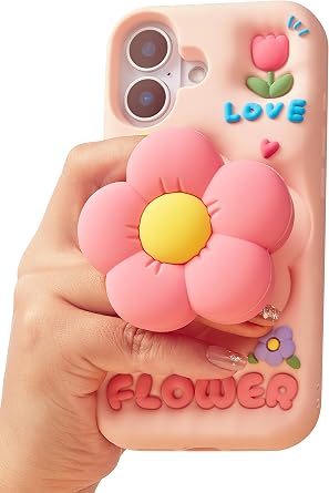 for iPhone 16 Case, Kawaii 3D Flower Pop-Up Grip for Girls | Makes Mirror Selfies Sweeter, Cute Girly Cartoon Style with Stand, Gift for Kids & Teens, Soft Silicone Drop Protection