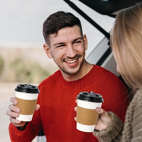 Miniatura 6 de Turbo Bee Paquete de 50 tazas de café de 16 onzas, vasos de papel desechables, tazas de café caliente con tapas, fundas y agitadores, tazas de café