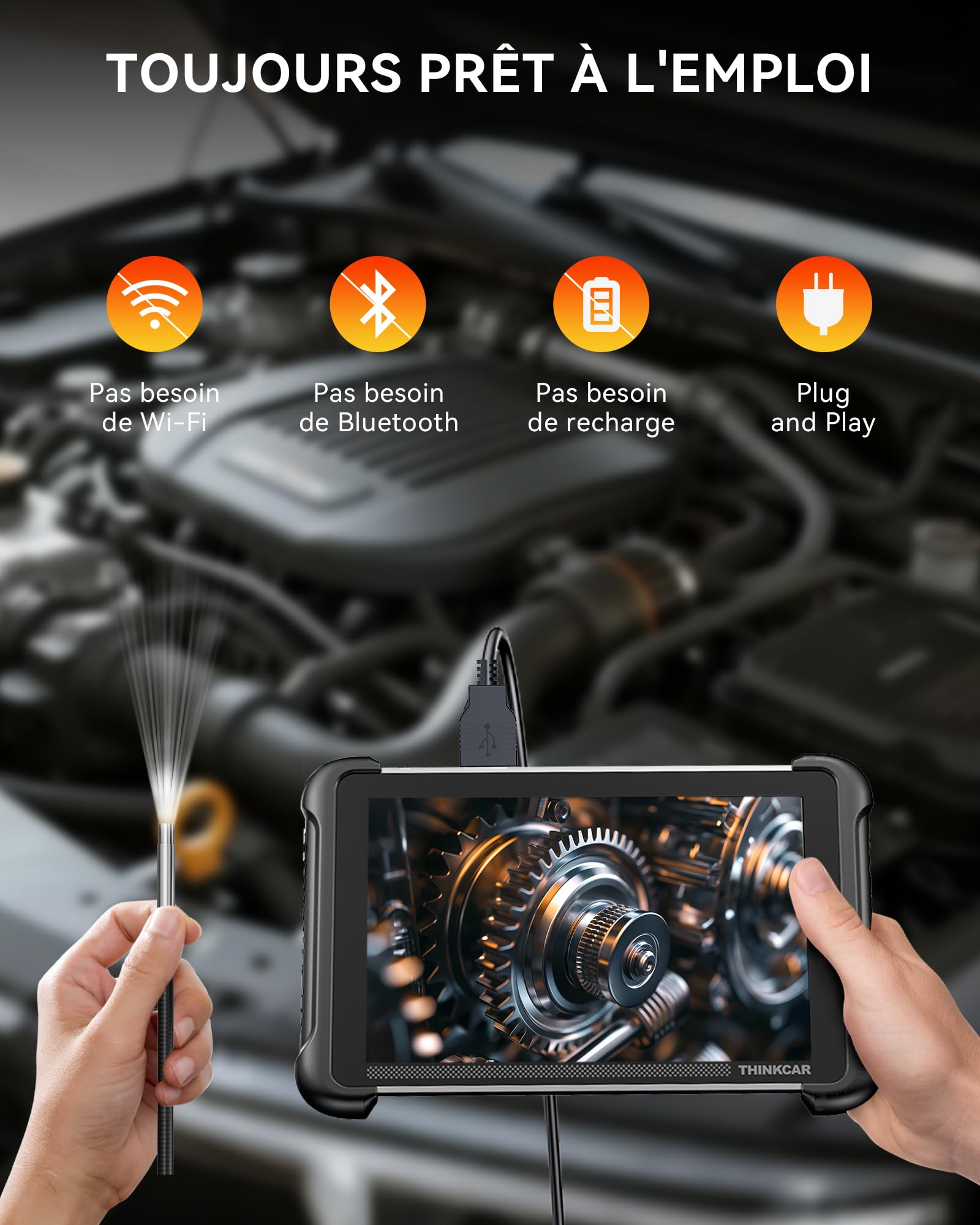Caméra Endoscopique THINKCAR TES102 avec Éclairage, Endoscope HD de 0,21 Pouce avec 6 LED Réglables, Caméra Semi-Rigide Étanche IP67, Endoscope D'inspection avec Prise de Vue Instantanée en Un Clic