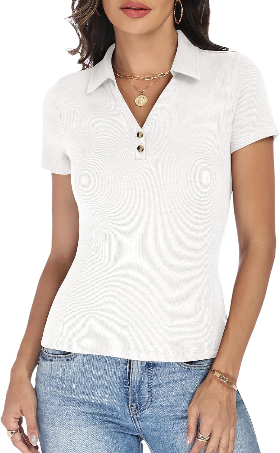 JDWZSI Women's Short Sleeve Polo Shirts Business Casual Tops Collared V Neck Shirts Ribbed Knit Slim Fit Blouse Summer Outfit White