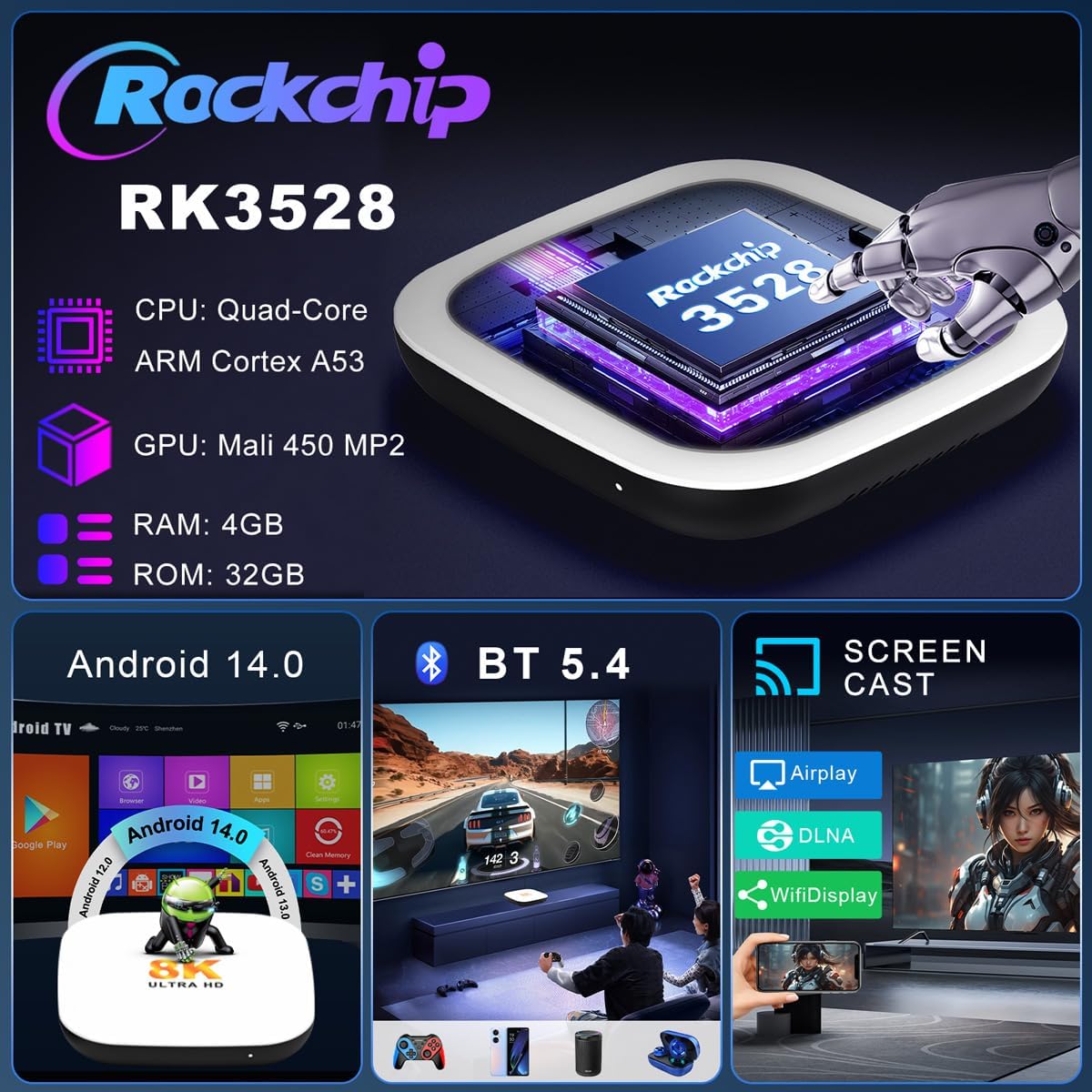 Android 14.0 TV Box 2025, LEFFOT M2 Plus 4K Ultra HD Streaming Device for TV, 4GB RAM + 32GB ROM, Support 4K Video Playback, 8K Decoding, Voice Remote, WiFi 6, BT 5.4, HDR10, 3D, RK3528 Quad-Core A53