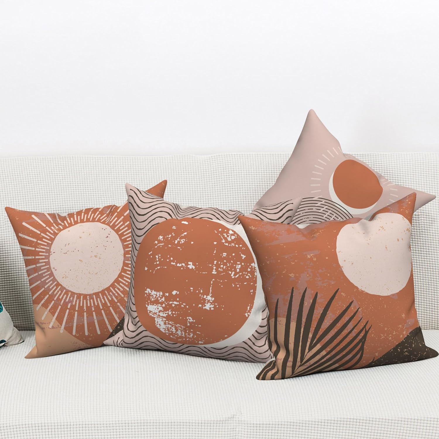 Boho Pillow Covers 20x20 Inch, Abstract Sunrise Throw Pillow Covers Terracotta and Beige Linen Pillow Cases for Sofa Couch Car, Set of 4 (No Inserts)