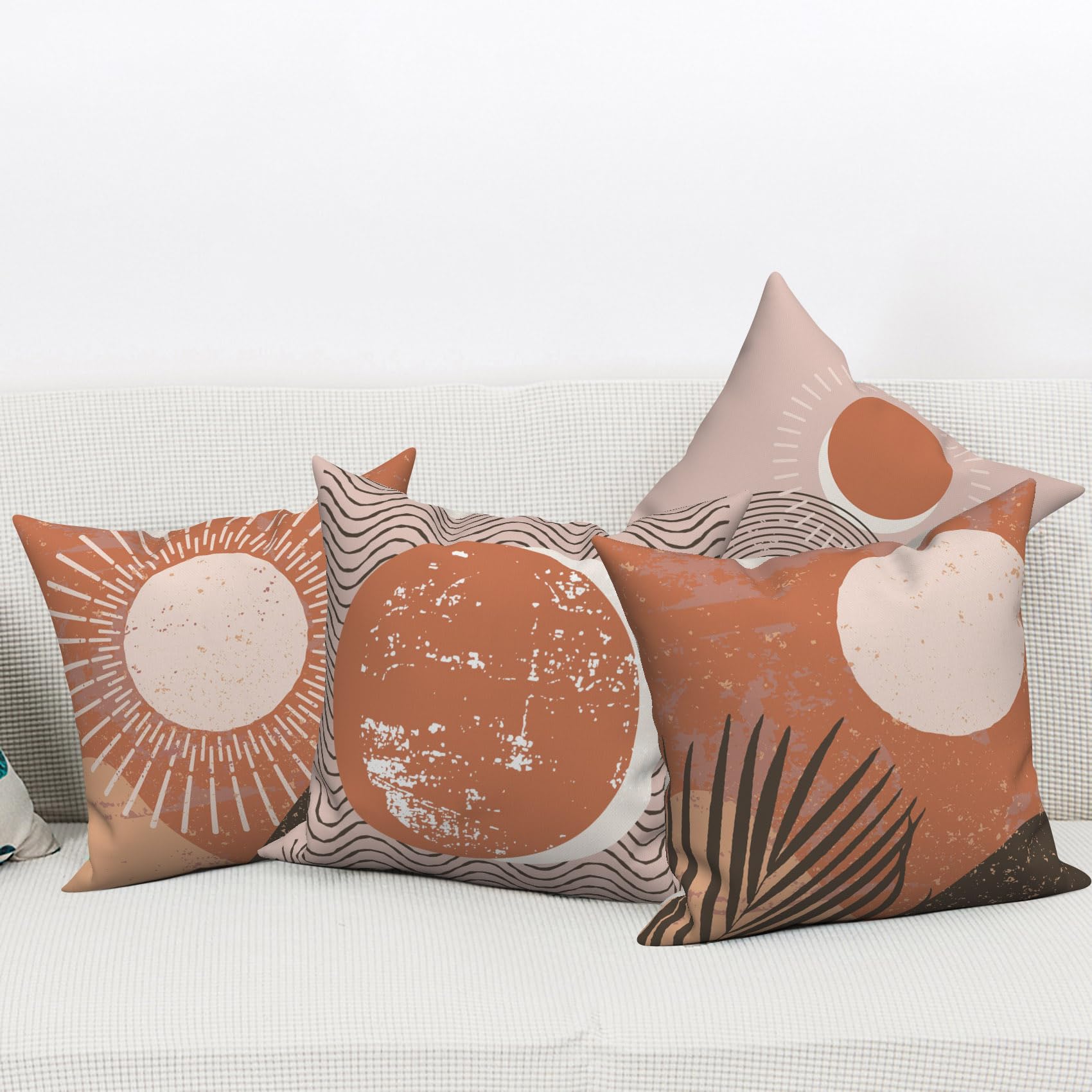 Lot de 4 housses de coussin décoratives de style bohème 66 x 66 cm, taies d'oreiller décoratives abstraites en lin beige et terre cuite pour canapé, voiture (coussin non inclus)