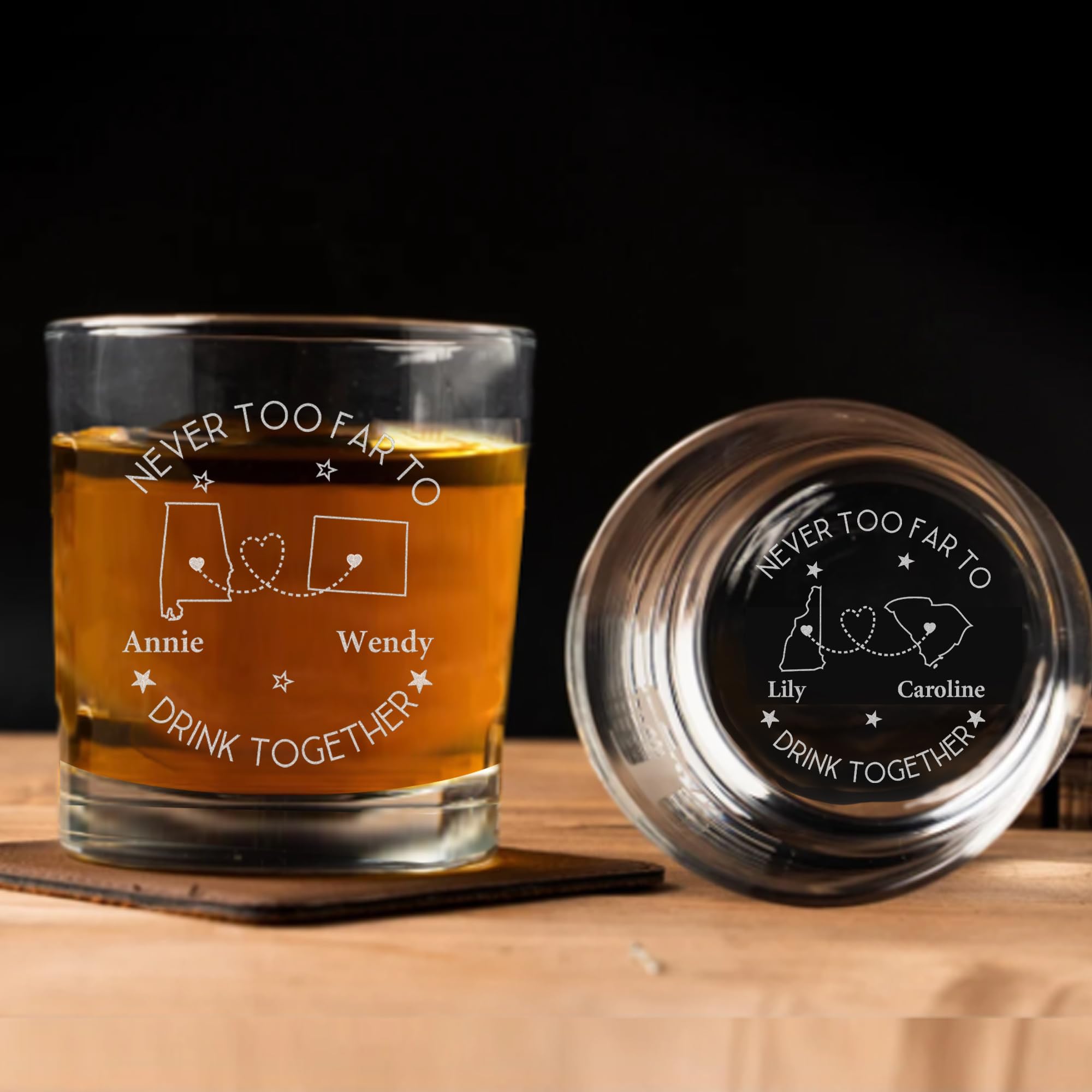 Never Too Far to Drink Together Whiskey Glass - Custom Bottom Engraved Long Distance Friendship Gift for Men & Women, Personalized Birthday Gifts for