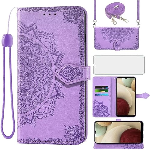 Image of Asuwish Mobile Phone Case for Samsung Galaxy A12/M12, Case with Strap and Glass Film, Screen Protector, Card Slot, Foldable, Leather Wallet, Stand A 12 Nacho 4G 5G Mobile Phone Cases, Mandala