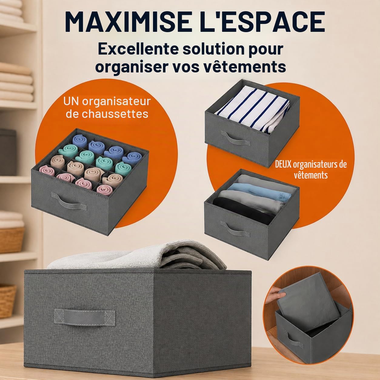 Organisateur de placard suspendu à 6 étagères pliantes en 2 modules de 3 avec 2 poches latérales et étagères en tissu renforcées, économise de l'espace et gardez les vêtements pliés sans plis