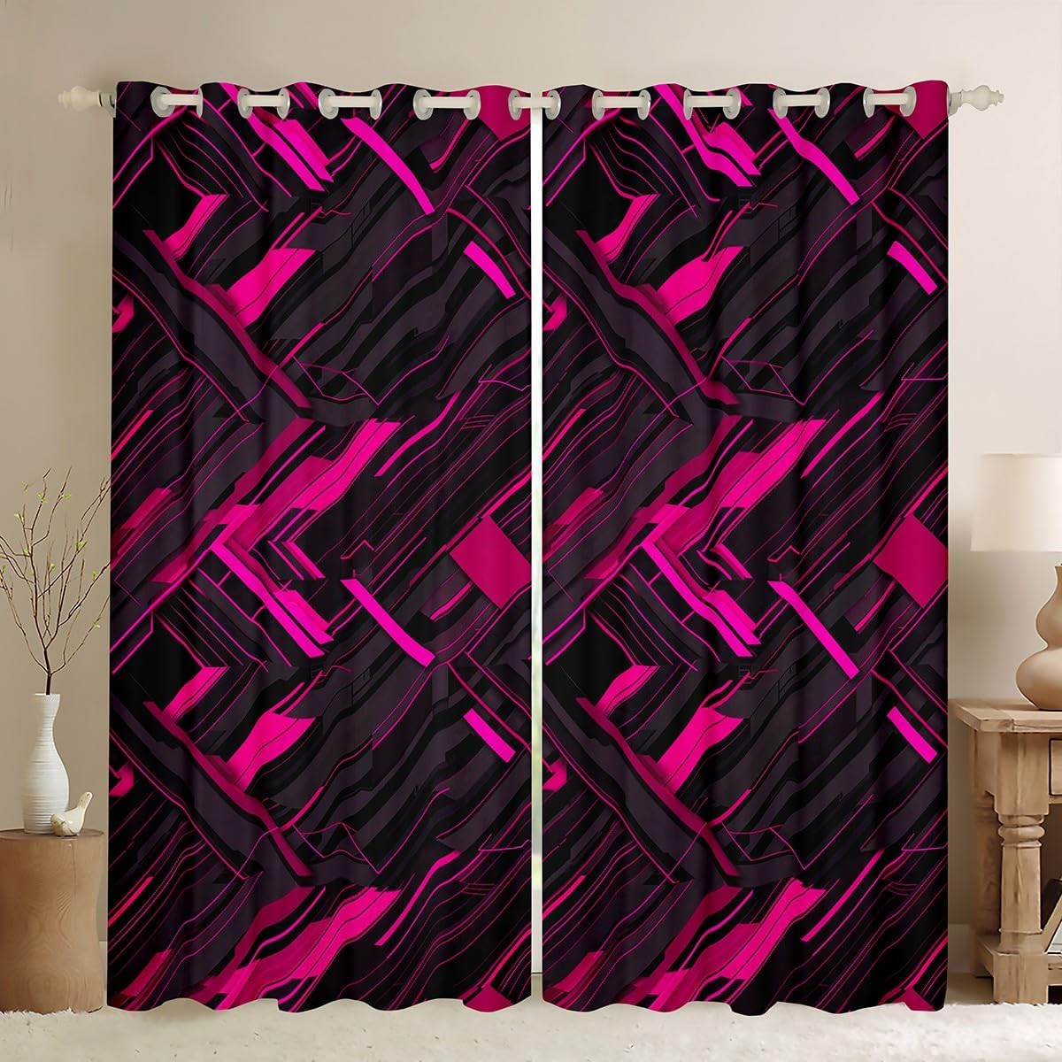 Erosebridal Abstract Window Curtain, Pink Black Stripes Curtain for Living Room Bedroom, Modern Geometric Window Treatments, Abstract Lines Printed Curtains & Drapes, 38" W x 45" L
