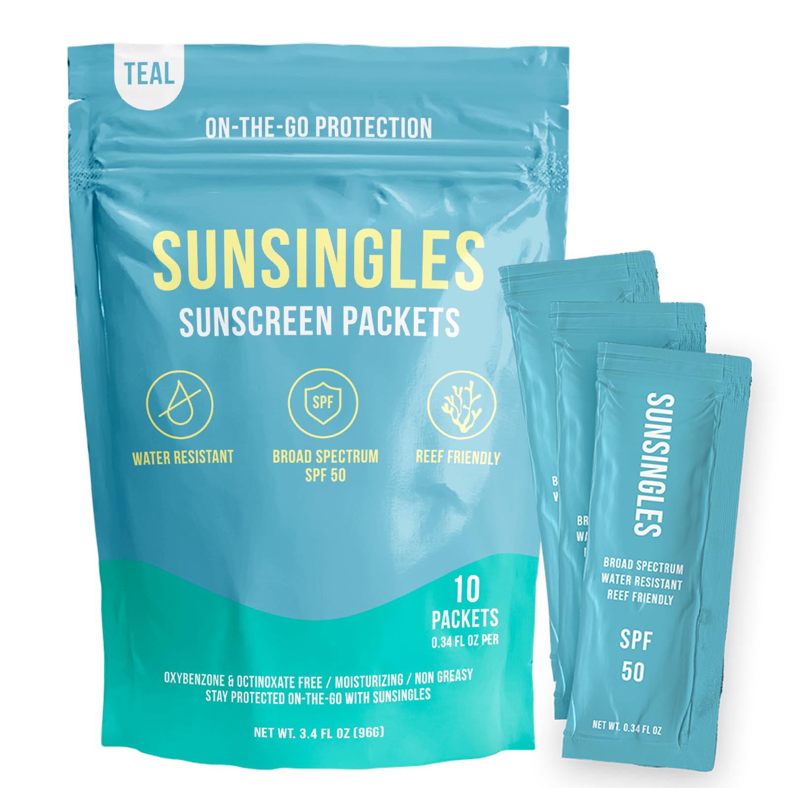 SunSingles Broad Spectrum SPF 50 Travel Size Sunscreen Packets – Water Resistant and Non-Greasy – Oxybenzone & Octinoxate Free – Perfect Party Favors 0.34 Fl Oz (Pack of 10)