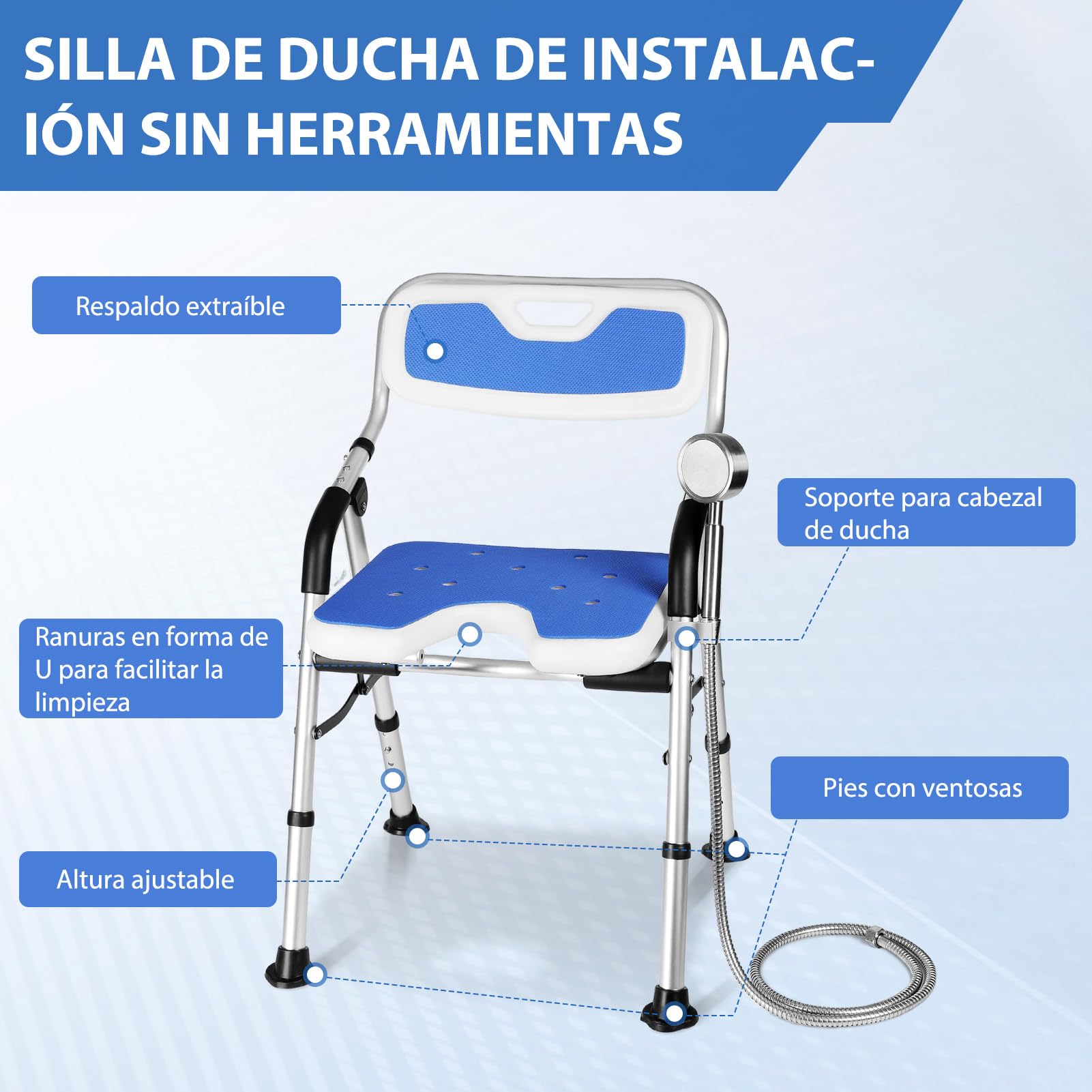 DEWEL Silla Ducha Personas Mayores Plegable, Silla para Ducha(Azul) | Altura Regulable, Asiento de Ducha Antideslizante con Soporte para Ducha de Ducha, Capacidad de Carga de 150 Kg
