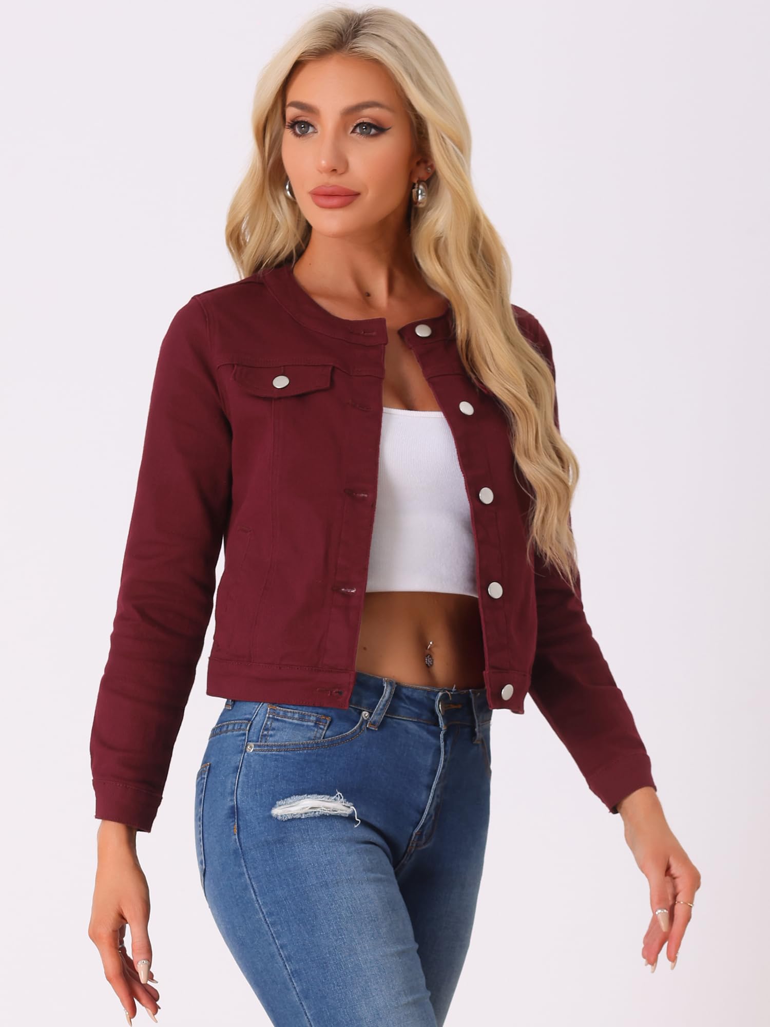 Allegra K Damen Langarm Kragenlos Knopfleiste Jeansjacke Denim Jacke