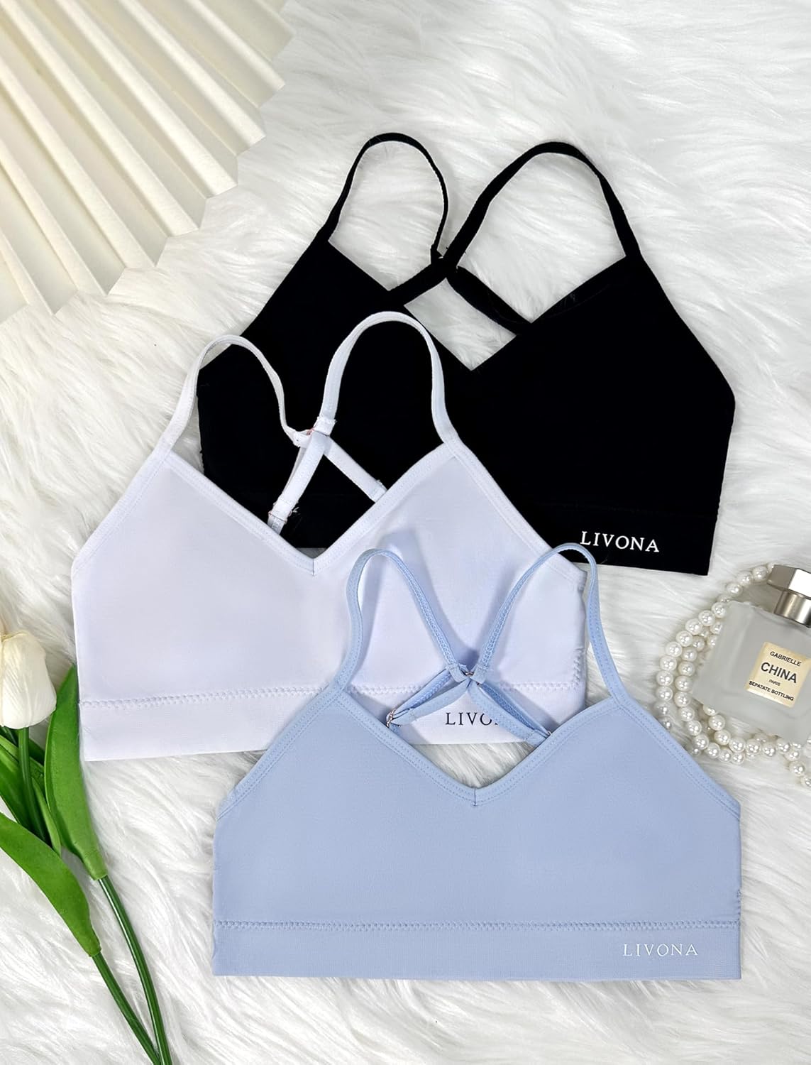 Livona Racerback Training Bra for Girls- 3 Pack Seamless Sports Bra, Padded Everyday Bra Bralette,Crop Cami Tank Top (6-14) - Image 3