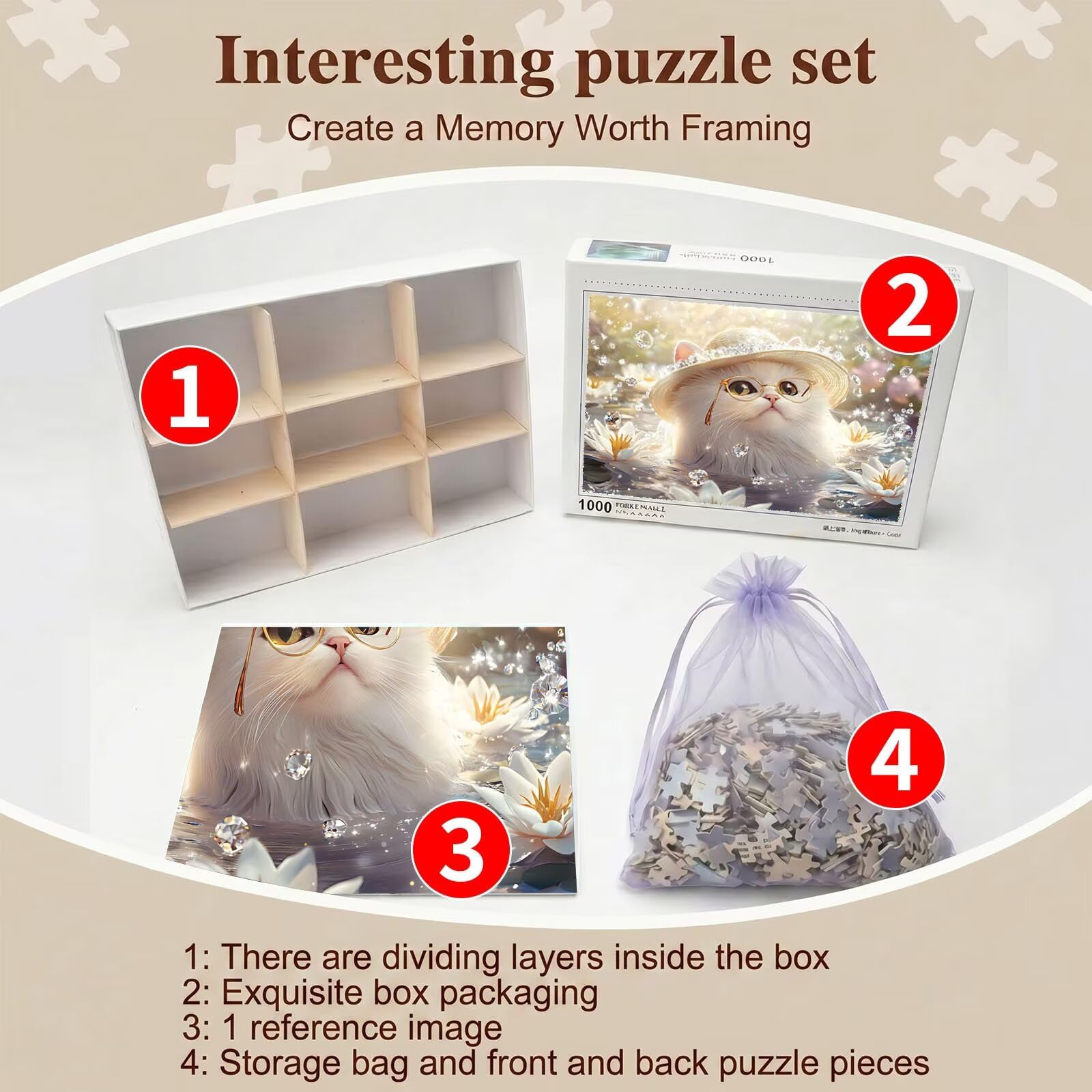 gato loto Puzzle de 1000 Piezas, Juego de Mesa Familiar de Madera - Rompecabezas Adultos para Toda La Familia, Rompecabezas Educativo DIY y Antiestrés - Incluye Póster de Referencia, 75 x 50 cm f0-691