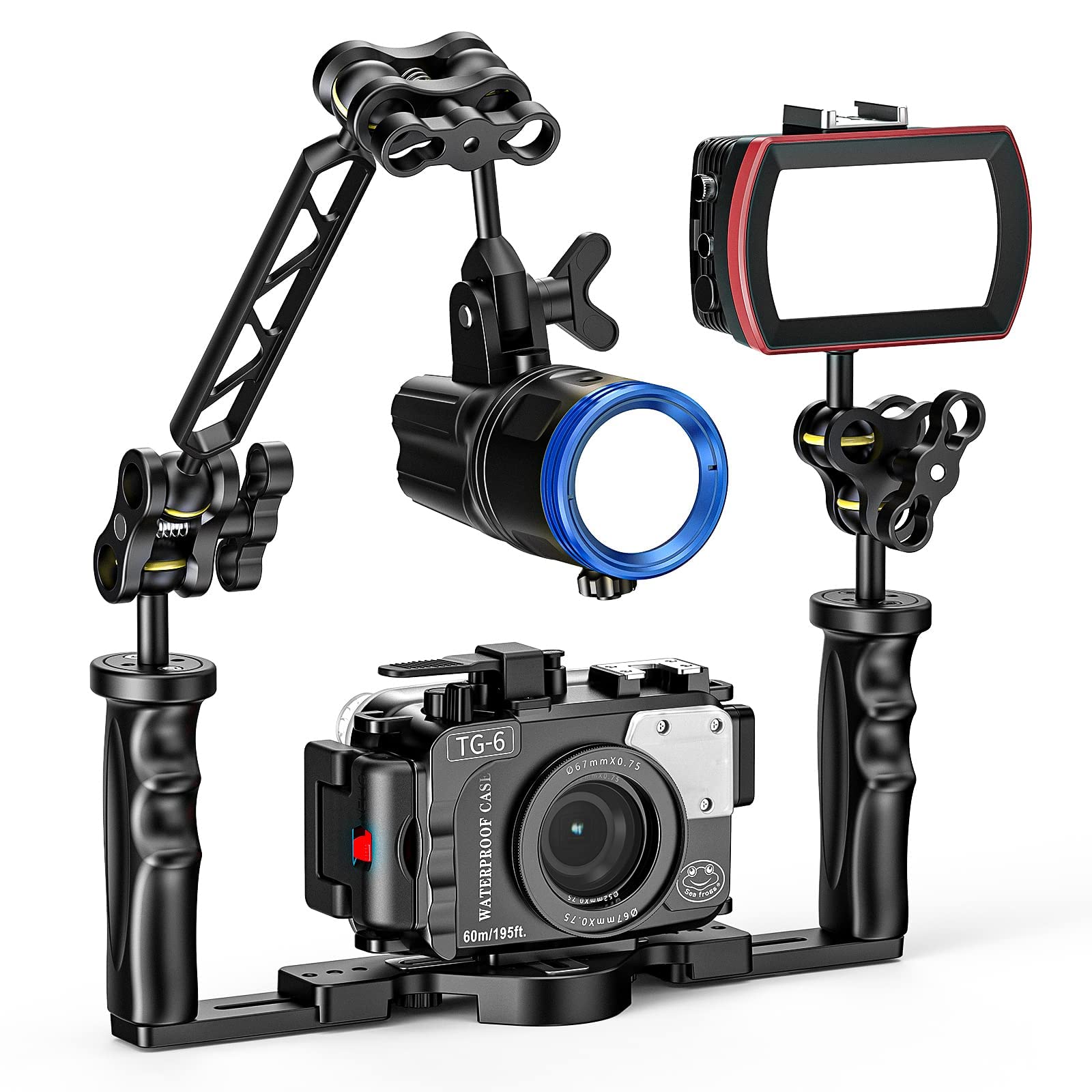 Seafrogs Lot de 2 bras d'extension à double boule en alliage d'aluminium 20,3 cm, connecteur à rotule 2,5 cm, bras sous-marin pour stroboscope/lumière vidéo