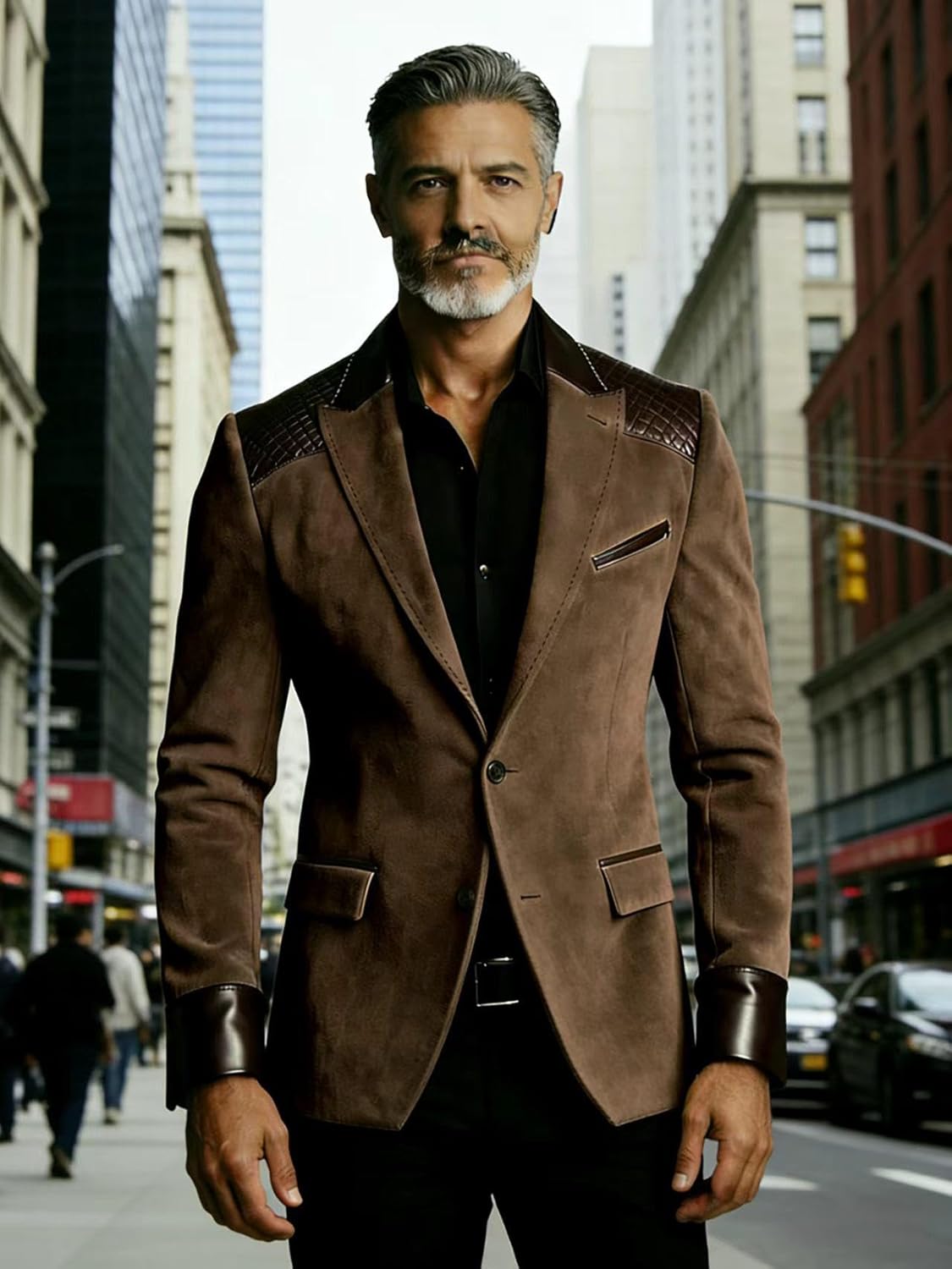 Men's Vintage Brown Suede Blazer Jacket with Patchwork Square Leather Trim Slim Fit Casual Sport Coat