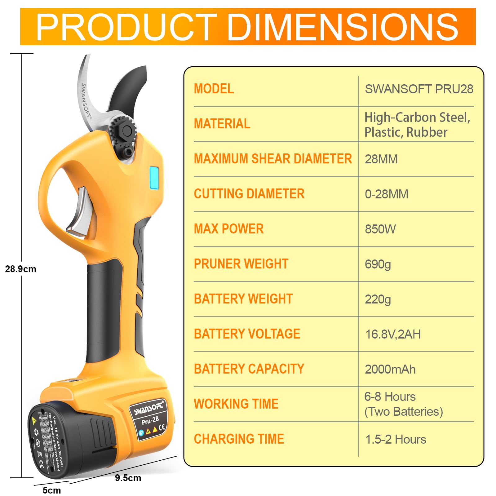 [Léger Et Sûr, Modèle D'Entrée De Gamme Professionnel] SWANSOFT PRU28 Secateur Electrique sans Fil,28mm 16,8V 850W Sécateur Électrique sans Fil pour Vigne, Olivier, Arbre Fruitier, Jardinage,Vergers