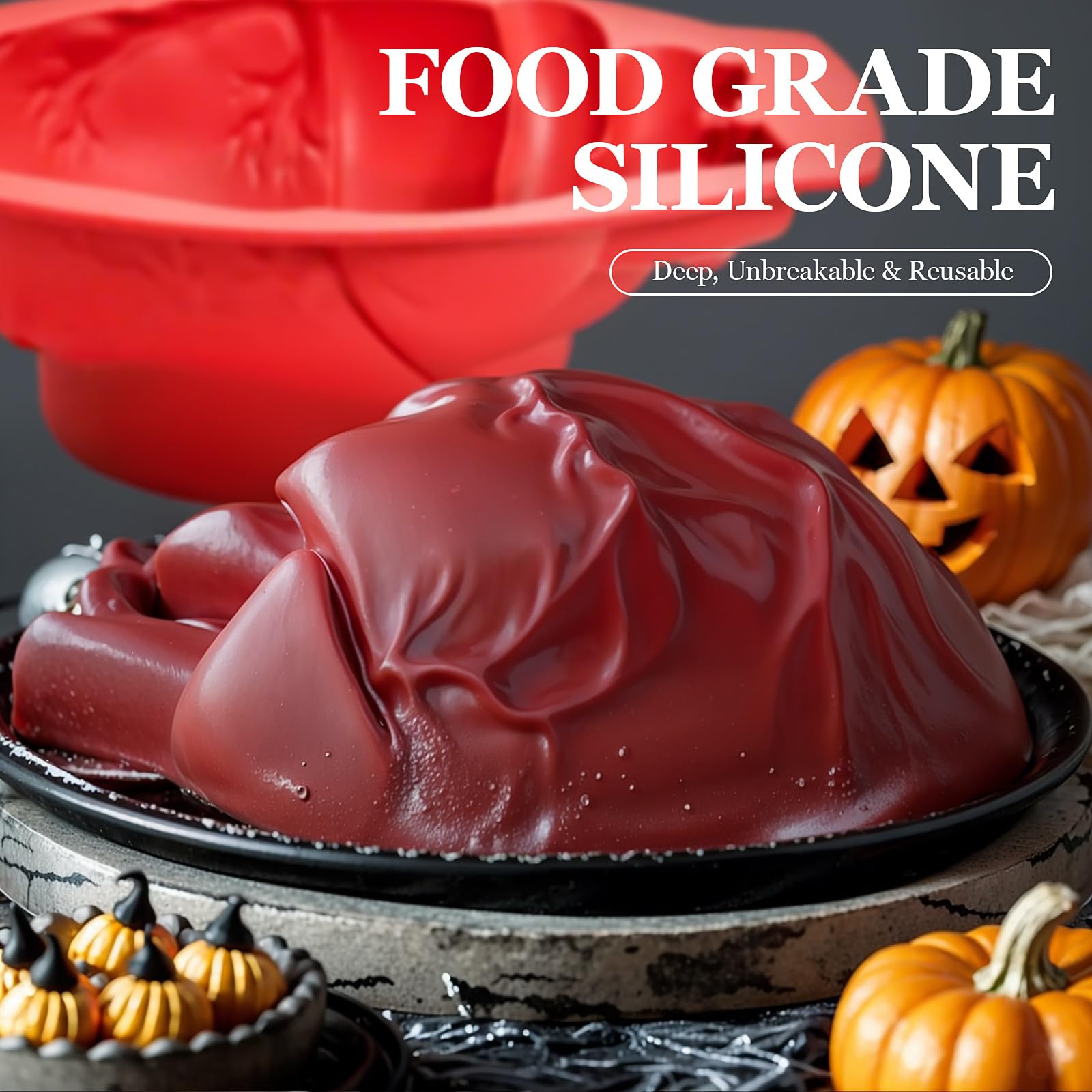 2 x Silikon-Herzform, Halloween-Kuchenform, großes Volumen, Backform mit Stützboden für Halloween, Kuchen, Süßigkeiten, Schokolade, Gelee oder Pudding
