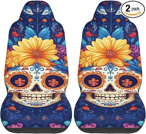 2 Pack Sugar-Skull-Mexico-Marigold Car Seat Covers, Elastic Automotive Seat Slipcovers, Protects Seats from Stains and Pets, Good for Everyday Use