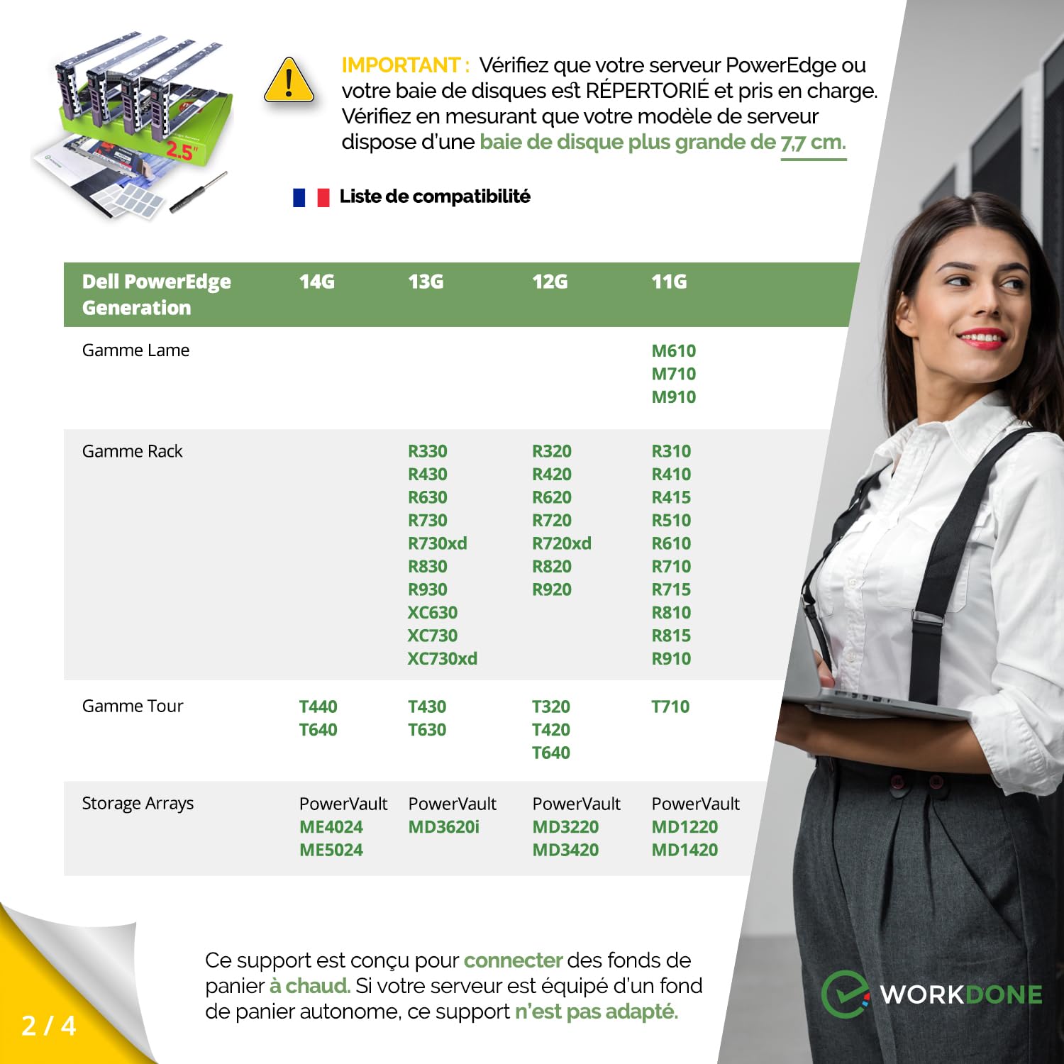 WORKDONE (Pack 4 u. Caddy HDD 2.5" Compatibles avec serveurs Dell PowerEdge T440 T640 R330 R430 T430 R630 T630 R730 R830 R930 R320 R420 G176J - Porteur Échange à Chaud - Support Installation Facile