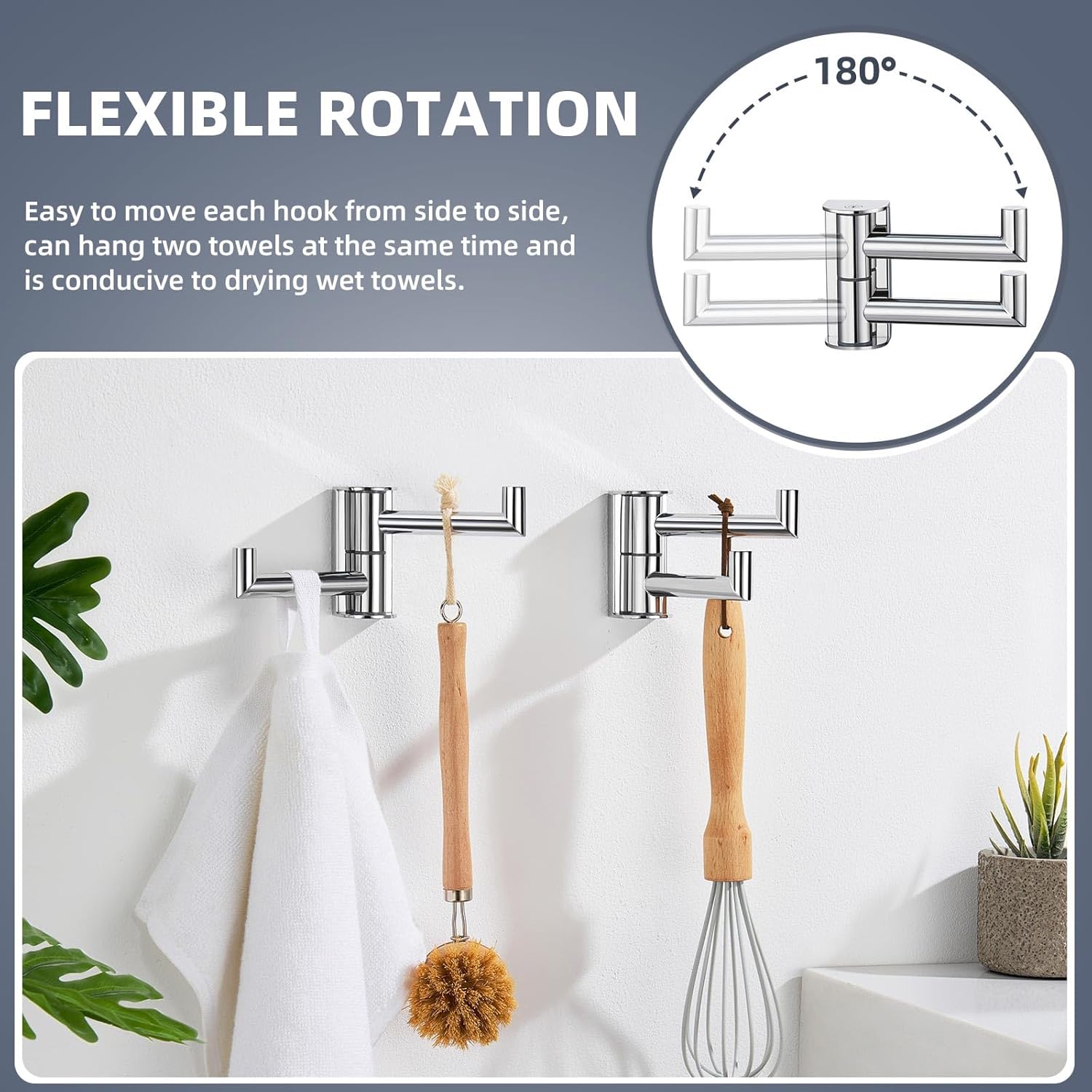Suyar Swivel Towel Hook with 2 Arms, SUS304 Stainless Steel Coat Robe Holder for Bathroom Kitchen RV, Heavy Duty Wall Hook, Polished Chrome, 2 Pack
